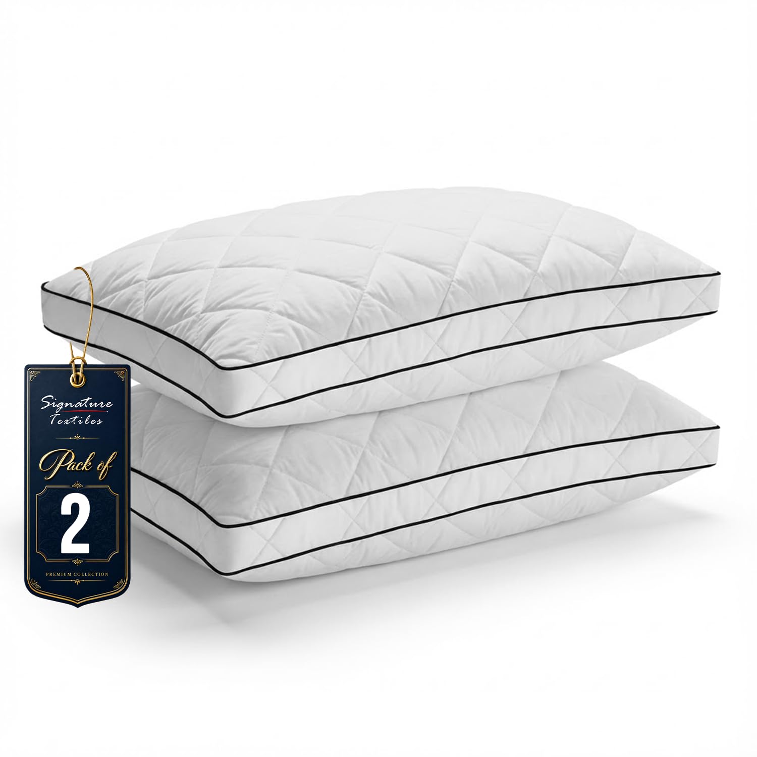 Pack Of 2 Quilted Box Premium Hotel Quality Pillow Luxuriously Soft Hollow-fiber Filled Small Square Bedside Sleeper Pillow Standard Size Firm Comfortable Hypoallergenic Breathable with Black Piping