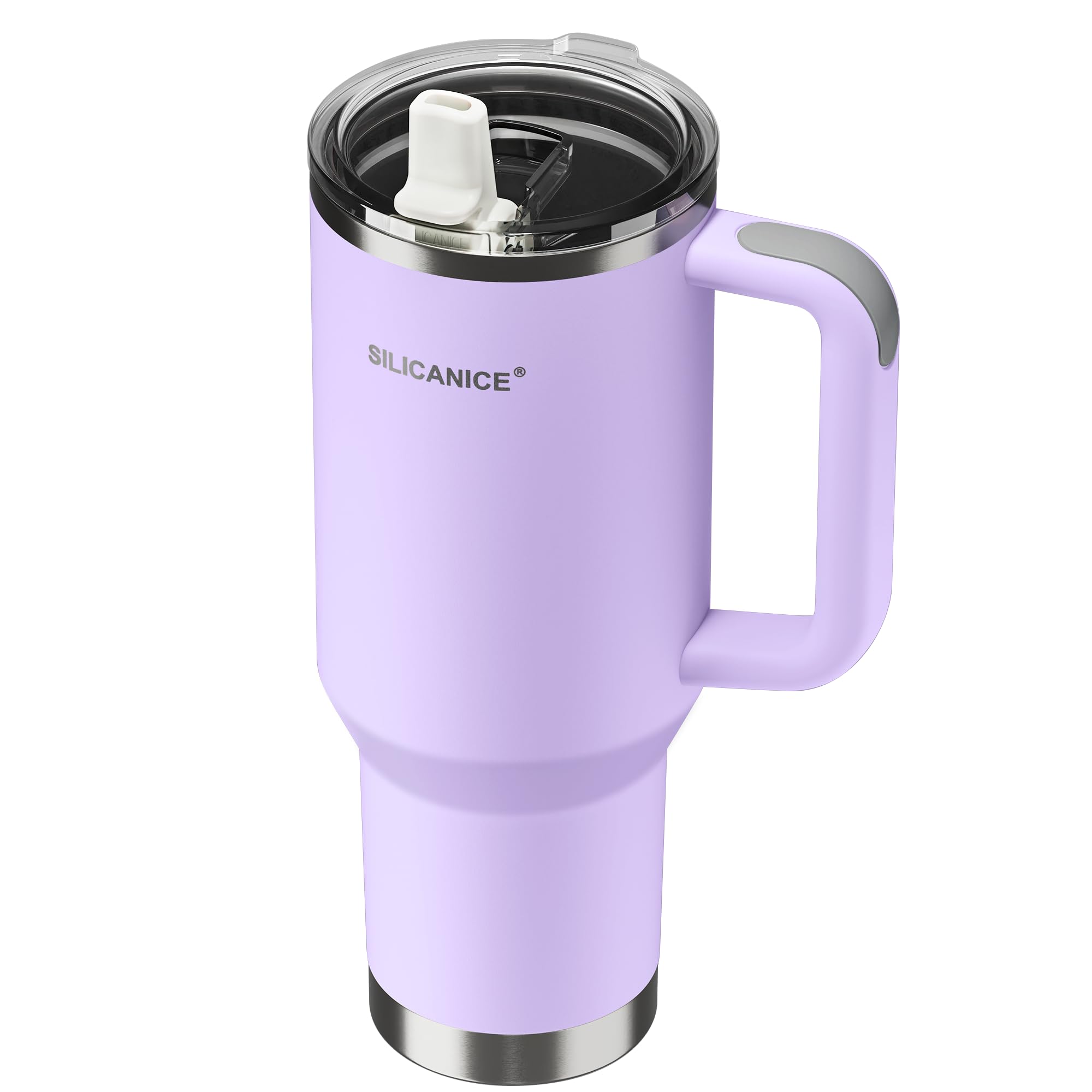 Reisebecher mit Griff und Klapp-Trinkhalm-Deckel, 1,2 l, 360 ml, 100% auslaufsicher, abnehmbarer Strohhalm, vakuumisolierter Edelstahl, Becherhalter, Geschenk für Männer und Frauen, Lila