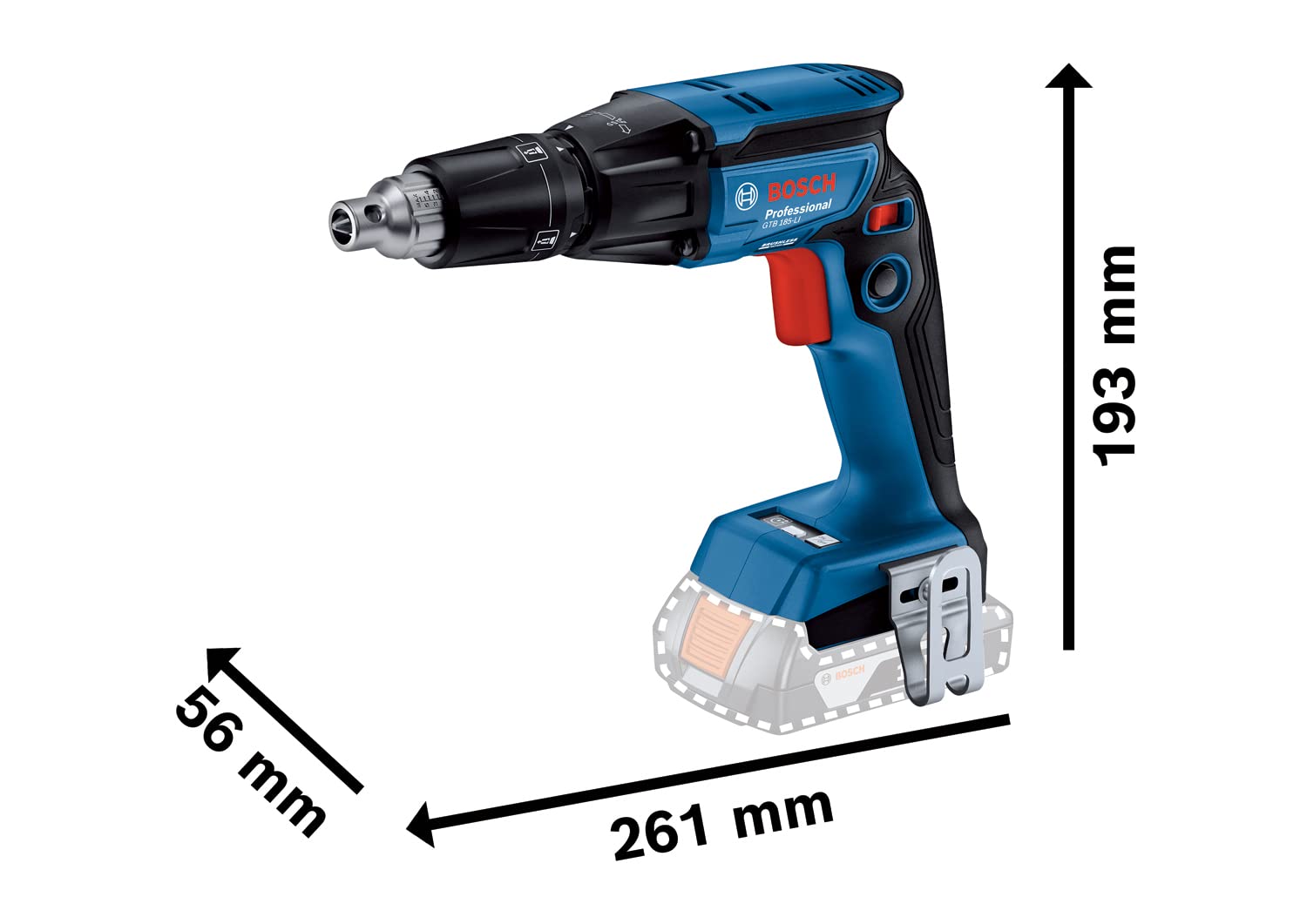 Bosch Professional Sistema 18V: GTB 185-LI Destornillador inalámbrico para montaje en paneles de yeso (2 baterías GBA 18V 2.0Ah, cargador GAL 18V-20, 1 clip para cinturón, 2 insertos de destornillador