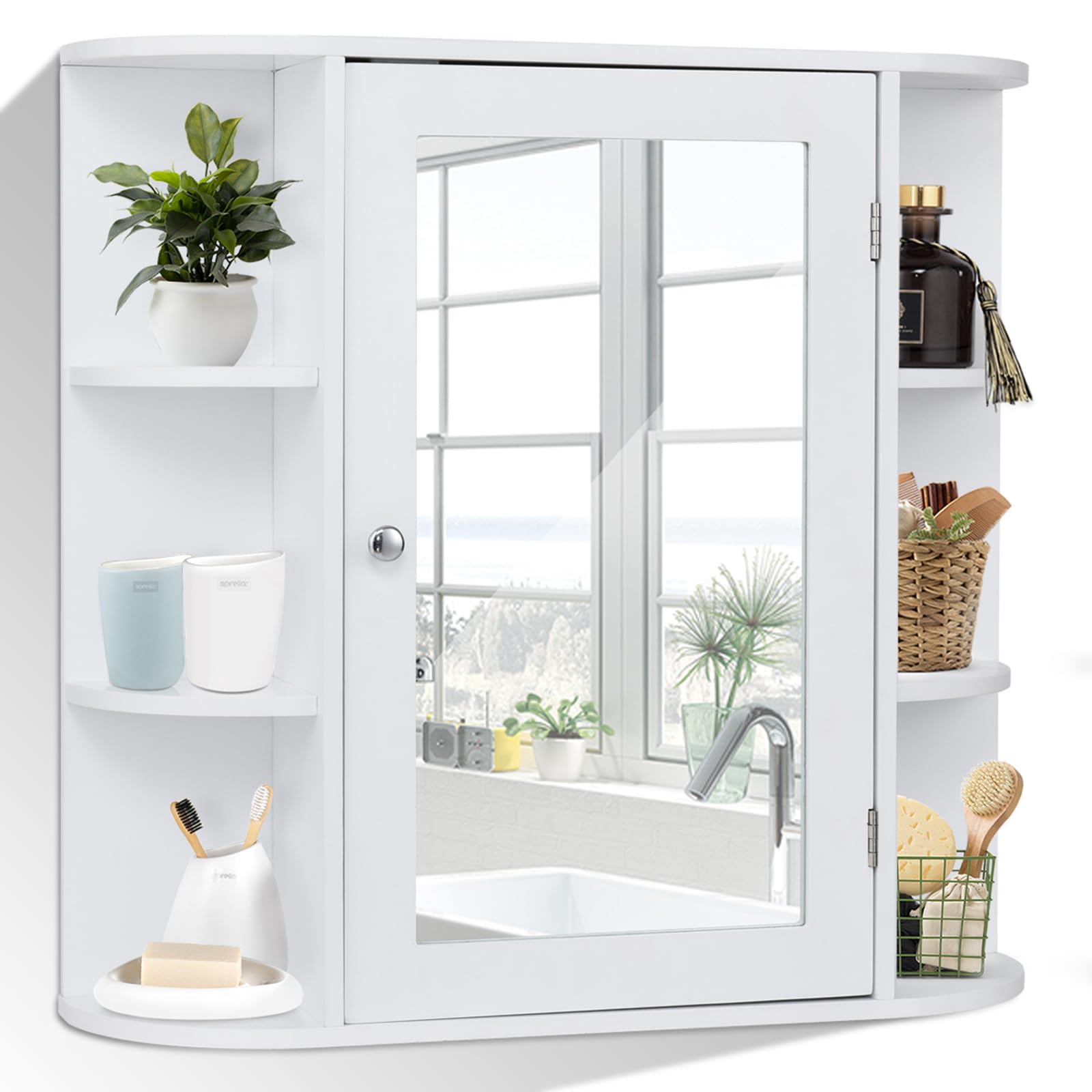 COSTWAY Mobile da Bagno 66 x 17 x 63cm, Armadietto da parete con Specchio, Ante e Mensola Regolabile, Armadietto Moderno e Multiuso, Bianco
