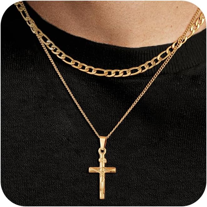 Cross Necklace for Men, Silver Black Gold Stainless Steel Plain Cross Pendant Necklace for Men Box Chain