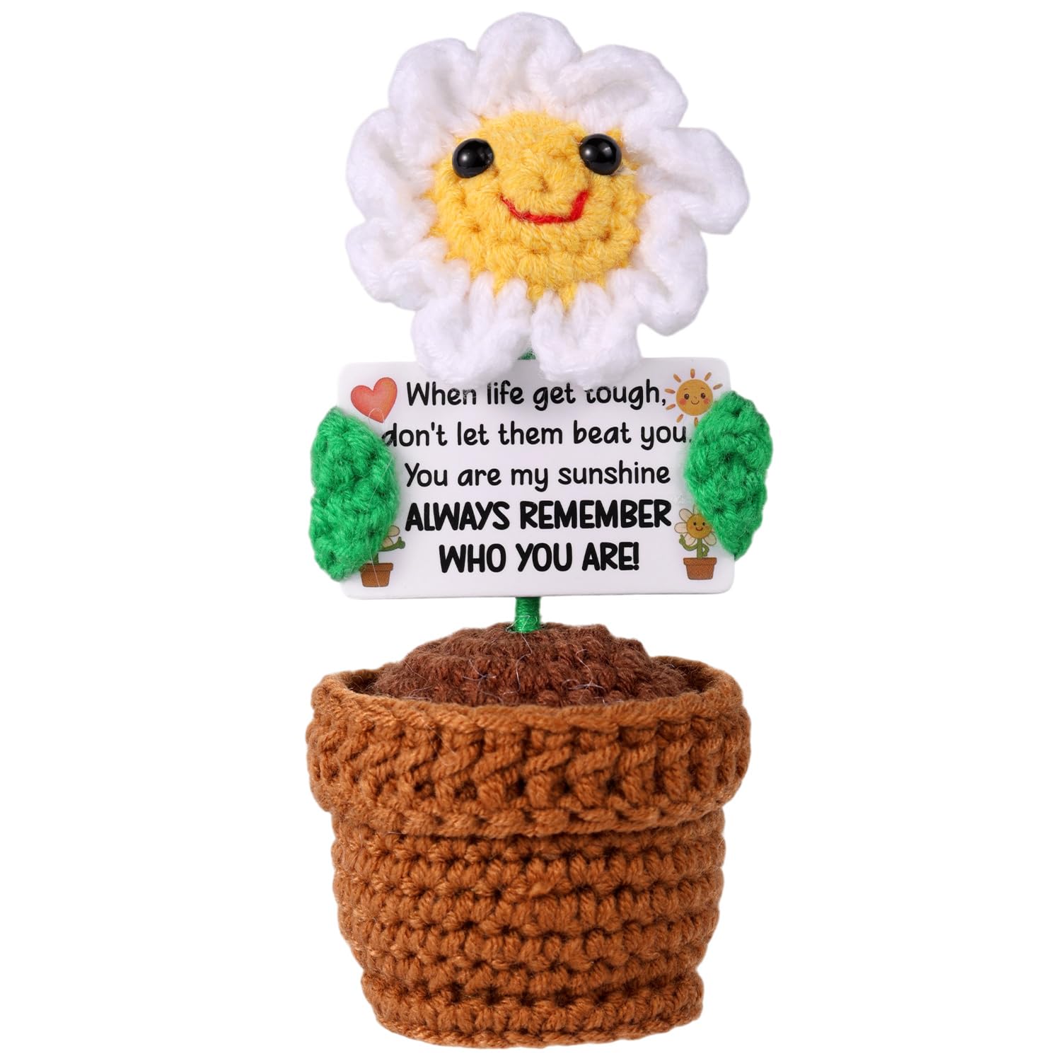 TOYMIS Positive Daisy Crochet, Funny Emotional Knitted Plants with Encouraging Card Desktop Decor Incentive Gifts Adorable Knitted Flowers for Family Friends