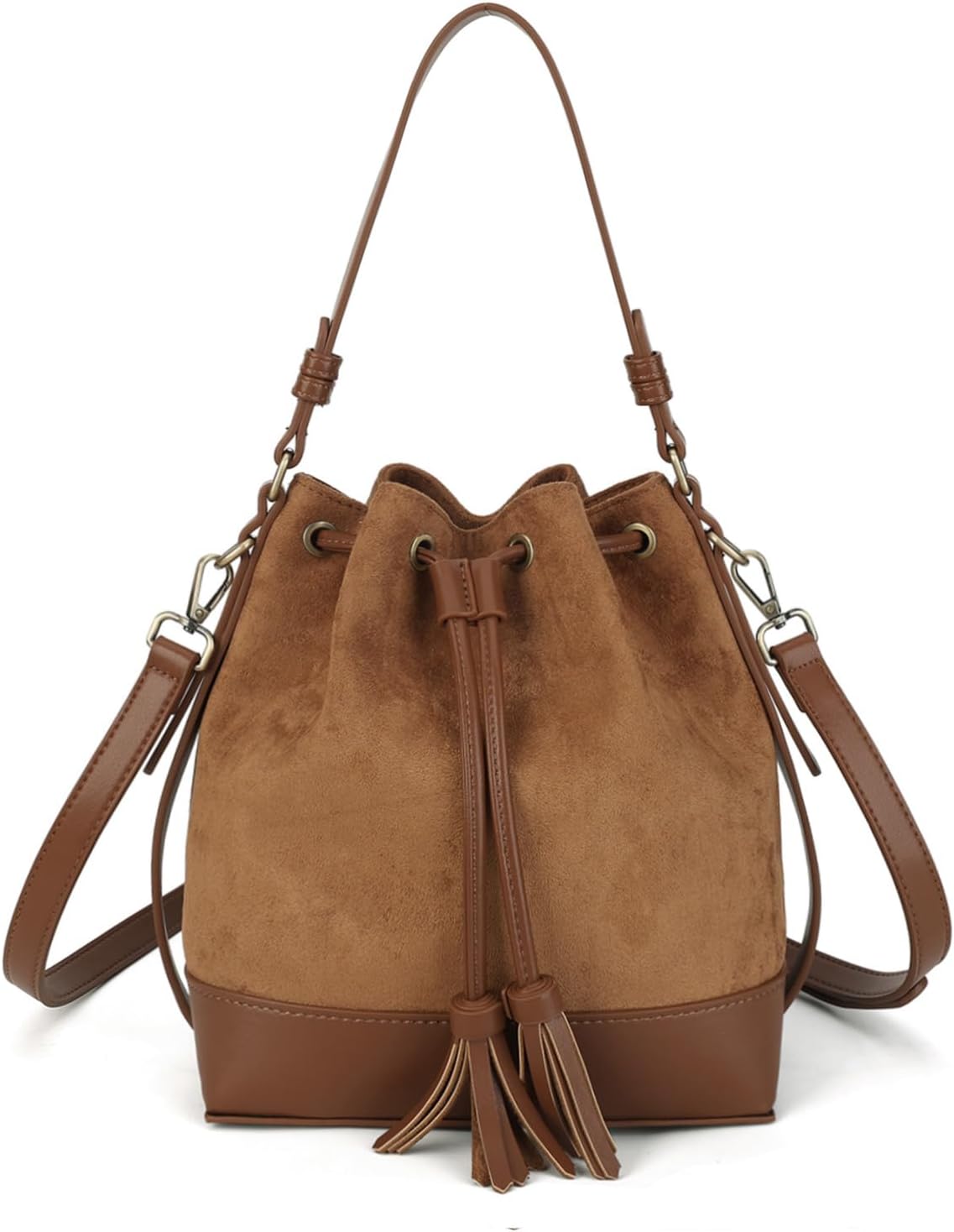 AFKOMST Faux Suede Bucket Bags and Drawstring Crossbody Purse for Women Medium Tote Handbags with 2 Shouder Straps | Fit Pad mini, Long Wallet, Removable Long Strap - Image 8