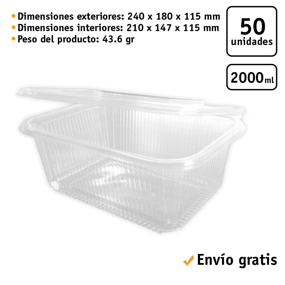 50 uds - Envase recipiente para comidas frías con tapa bisagra rectangular - Capacidad 2000 ml - Polietileno (PET) transparente