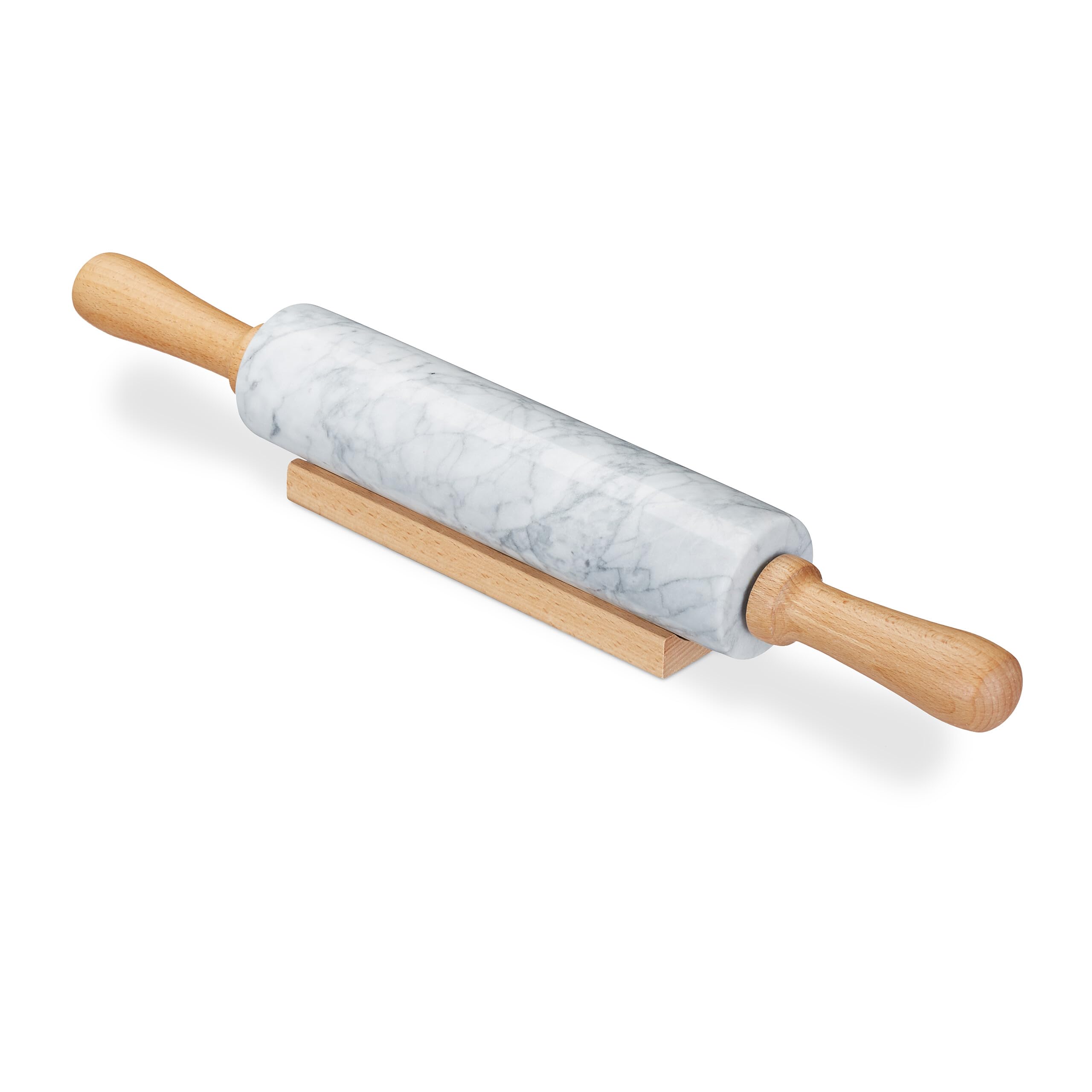 Relaxdays 10028837_49, blanc rouleau à pâtisserie en marbre, Poignées en bois, Cuisinier et pâtissier, Avec support, lourd