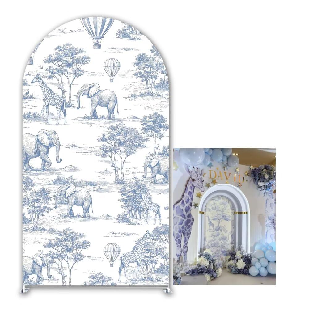 KONPON Blue Vintage Toile de Jouy Arched Backdrop Cover Jungle Adventure Spandex Stand Cover Hot Air Balloon Boys 1st Birthday Party Decoration (No