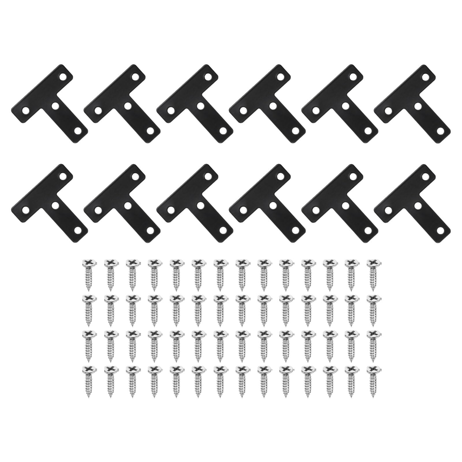 sourcing map 12Pcs t Shape Flat Bracket, 1.97" x 1.97" Metal Flat Corner Bracket Right Angle Corner Brace Mending Plate with Screws for Wood Frame Furniture Fixing Joining, Black