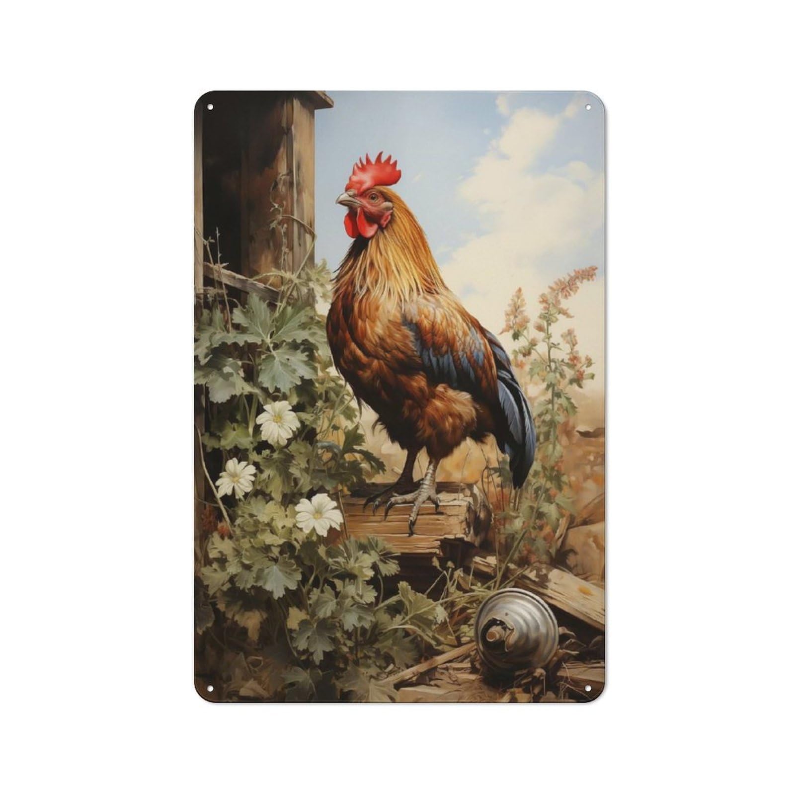 Junmoney Chicken Rooster Farm Shop Front Style Metal Wall Decor 30X20cm, Vintage Metal Sign For Tea Room, Shop Wall Or Breakfast Area