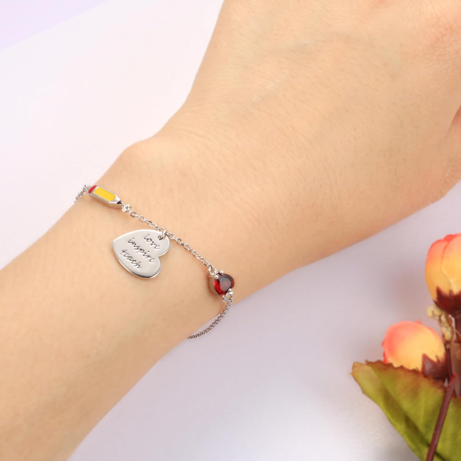 Teacher Appreciation Bracelet - 925 Sterling Silver Teach Love Inspire Apple Pencil Jewelry End of Year Thank You Gifts for Women
