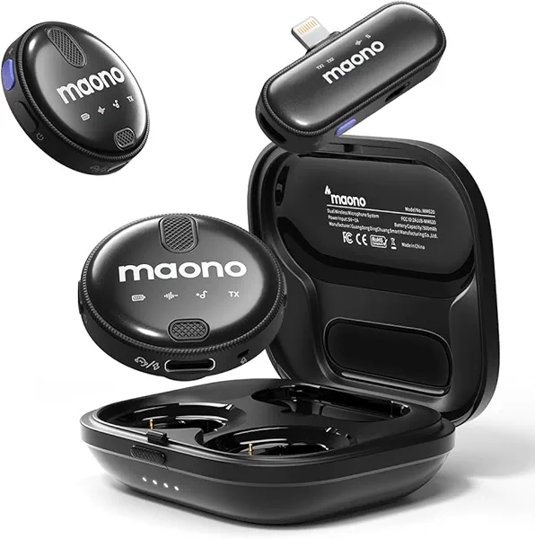 MAONO Wireless Lavalier Microphone for iPhone iPad, Professional Clip on Lapel Mic with Noise Cancelling, 4-Stage Gain, 36H Working Time for Video Recording, YouTube, Vlogging, Streaming Lig