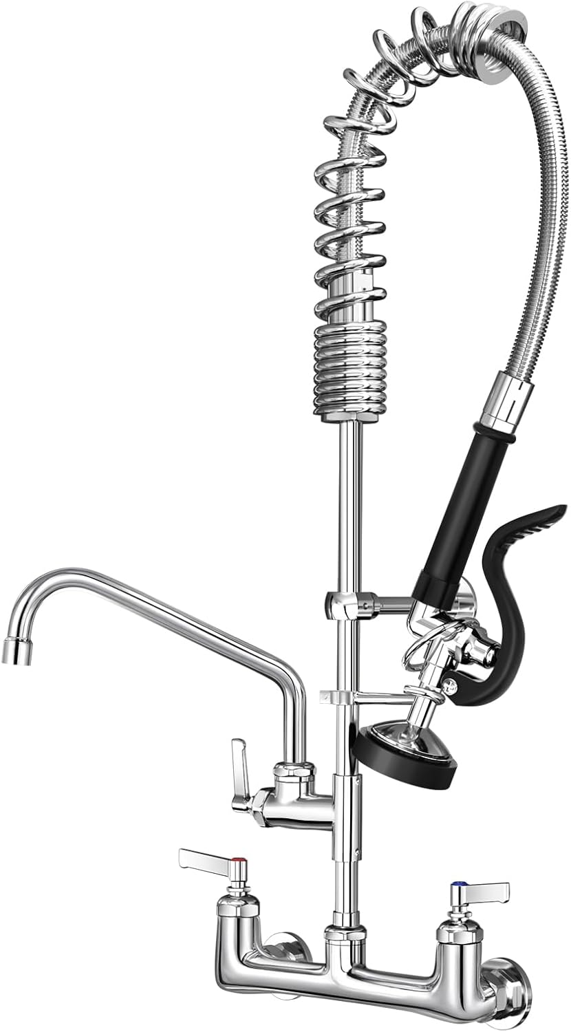 commercial kitchen faucet heavy duty wall mount sink faucet, 8 inch center 25 inch commercial kitchen faucet with pre-rinse sprayer ?black? and 10 inch add-on spout for 1,2,3 compartment sinks 25 inches + 10" spout -b