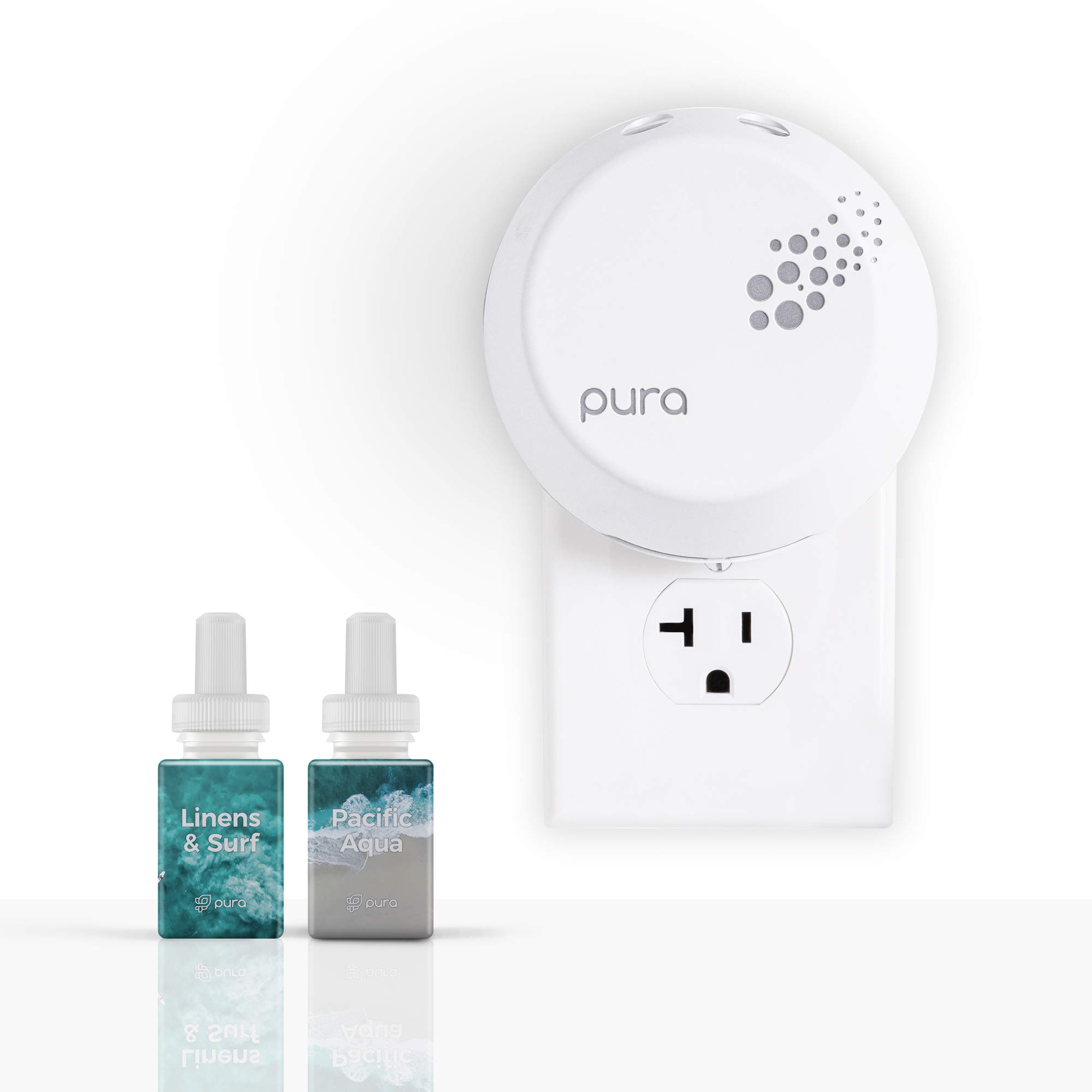 PuraSmart Home Fragrance Device Starter Set V3 - Scent Diffuser for Homes, Bedrooms & Living Rooms - Includes Fragrance Aroma Diffuser & Two Fragrances - Linens & Surf and Pacific Aqua