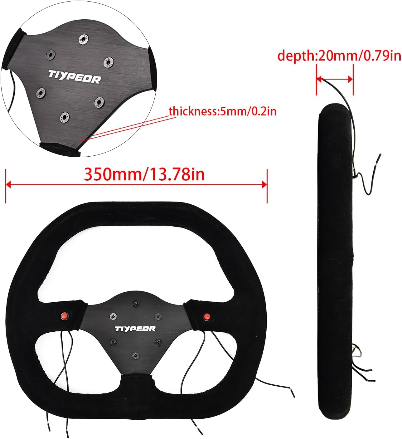 350mm D-Shaped Universal Steering Wheel Black Suede Rim, Non-Perforated Oxidized Bracket, Laser Engraved Logo