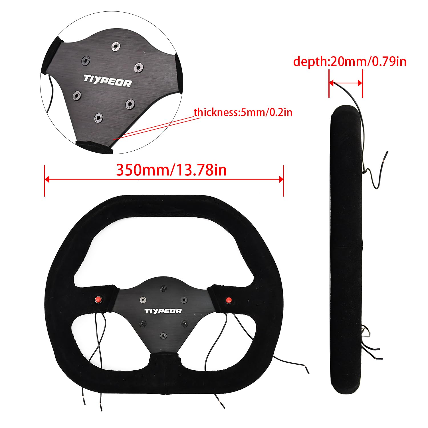 TIYPEOR 350mm D-Shaped Universal Steering Wheel Black Suede Rim, Non-Perforated Oxidized Bracket, Laser Engraved Logo