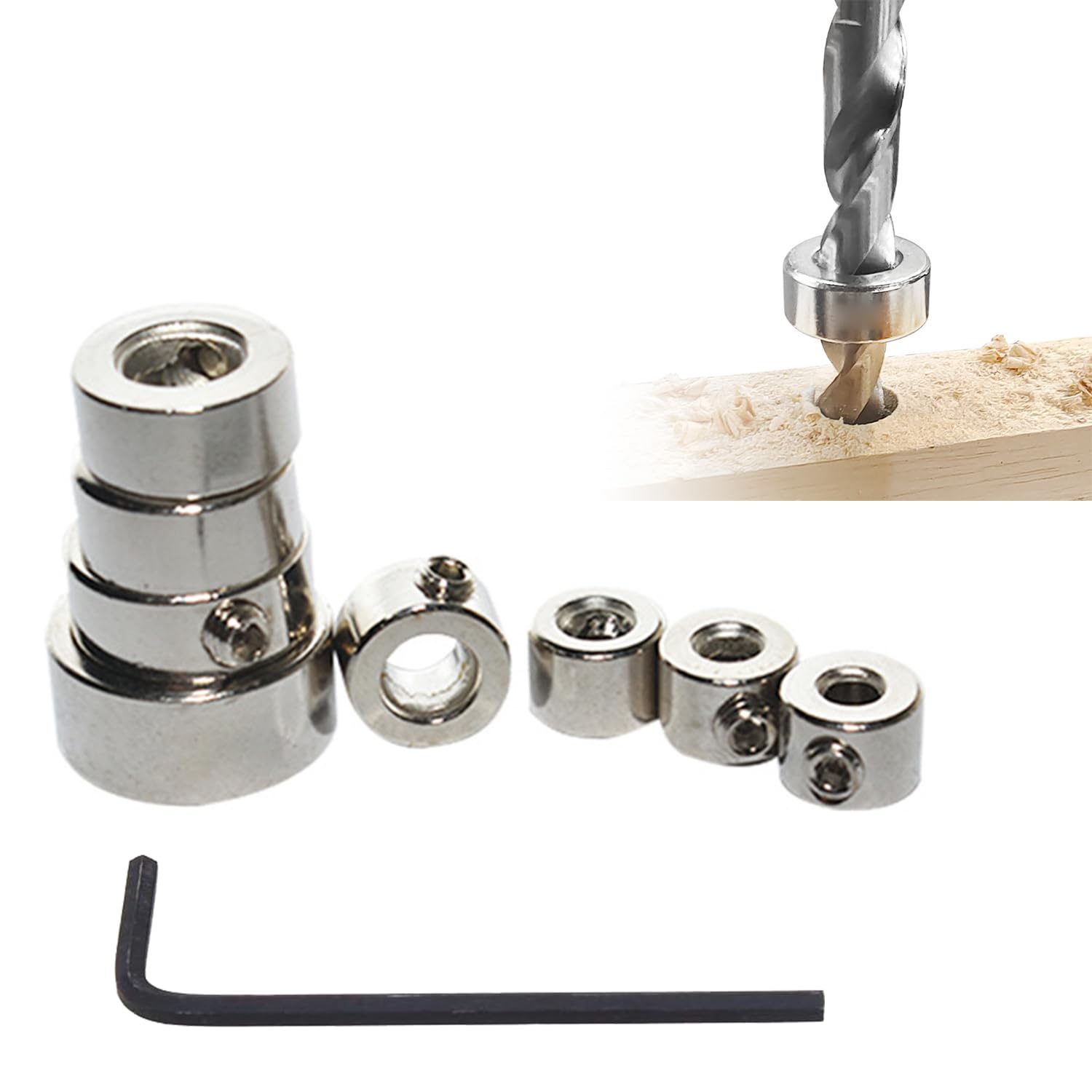 Stop di Profondità Trapano, Anello Posizionatore Trapano, Set di Arresti di Profondità, Limitatore Profondita Trapano, 8 Pezzi (3/4/5/6/8/10/12/16 mm), con Chiave Esagonale