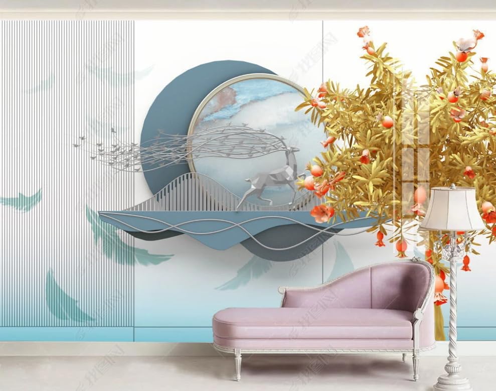 Papier peint intissé cerf Shanshui or doré poster géant mural salon chambre 450x315