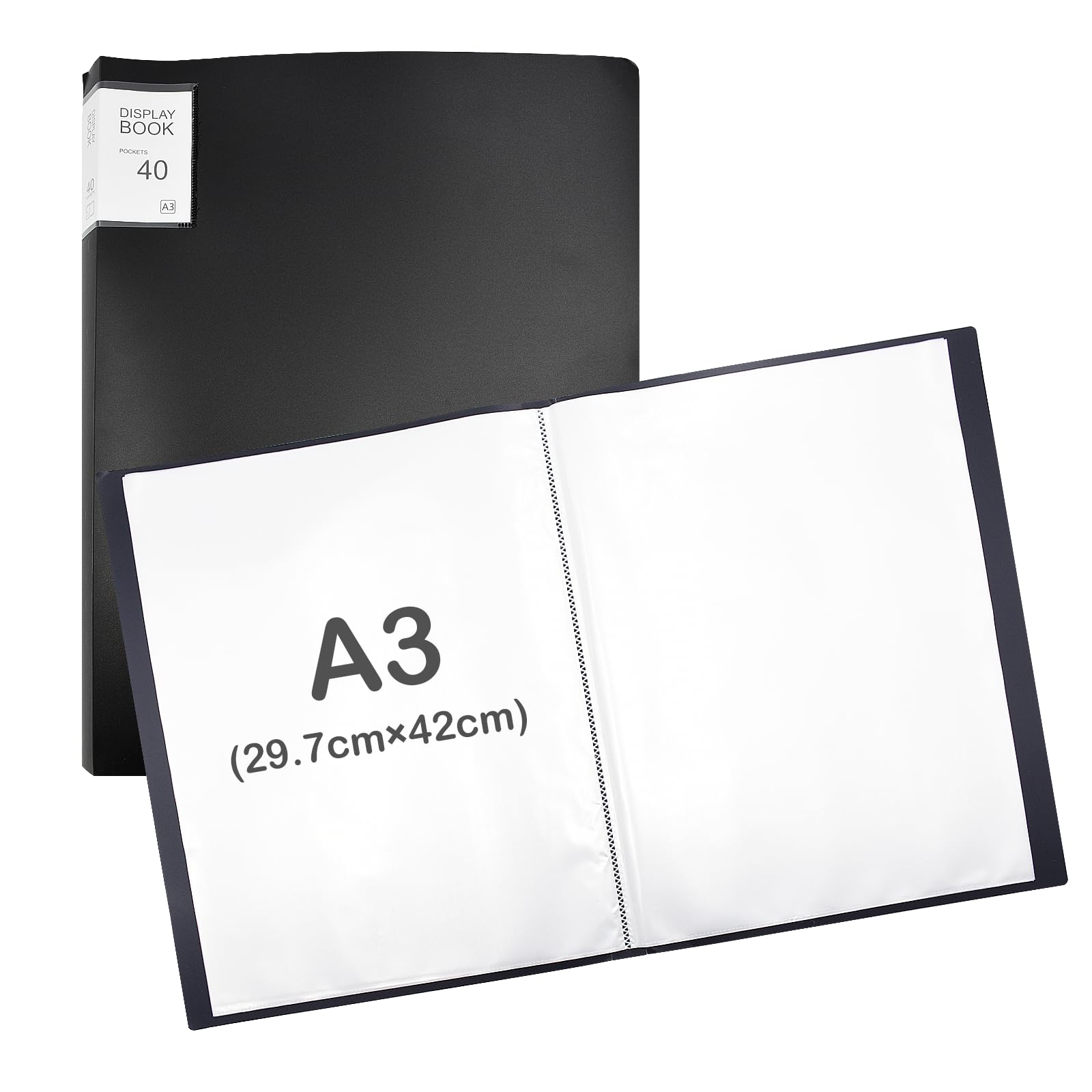 Aolkee A3 Folder, Paper Storage, A3 Art Folder with 40 Pocket Presentation Folder Plastic for Display, Certificate, Painting, Artwork (Black)