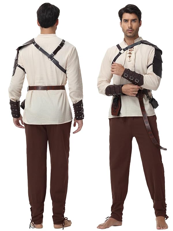 Renaissance Medieval Costume for Men - Pirate Costume 8 Pcs Set, Halloween Adult Cosplay Outfit with Viking Belt Accessories (White-Brown, L) by Dicxoser - Used condition - Image 2