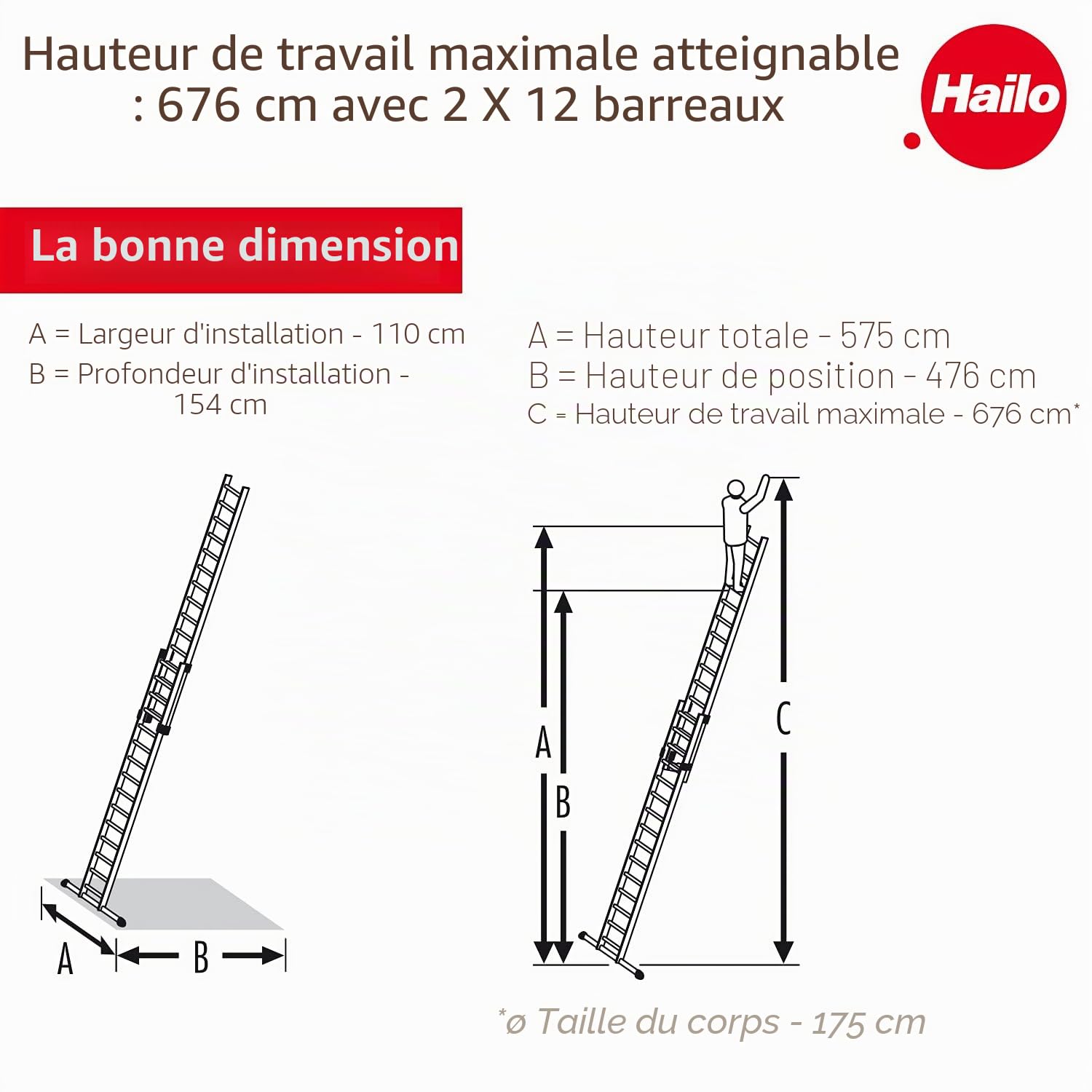 Echelle coulissante à Main 2 Plans 2x12 échelons 6m/6,75m en Aluminium Hailo ProfiStep Duo