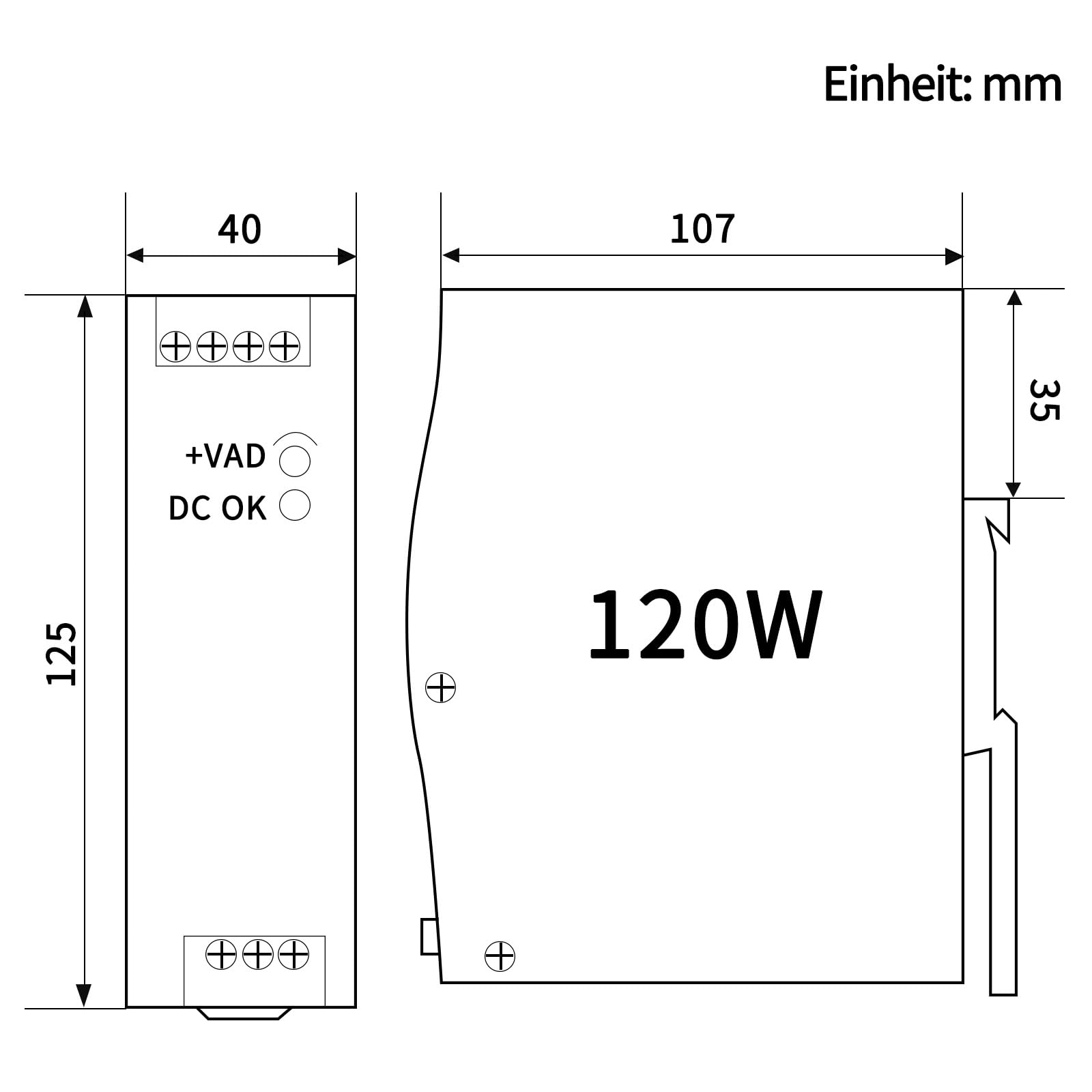 Hutschienen netzteil 24V, 120W, 5A; trafo 230V auf 24v, hutschiene, 24 VDC, 24 volt netztei, 24v dc trafo, din schiene, ReleyWell, NDR-120-24