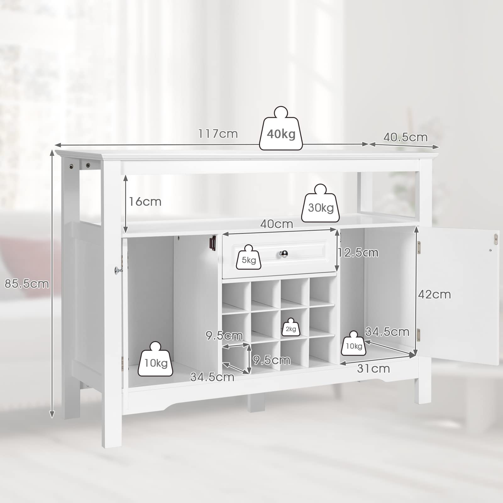 GOPLUS Sideboard mit Weinregal, Küchenschrank mit Offenem Regal, 1 Schublade & 2 Türen, Beistellschrank für Wohnzimmer, Küche & Esszimmer, 117 × 40,5 × 85,5 cm (White)