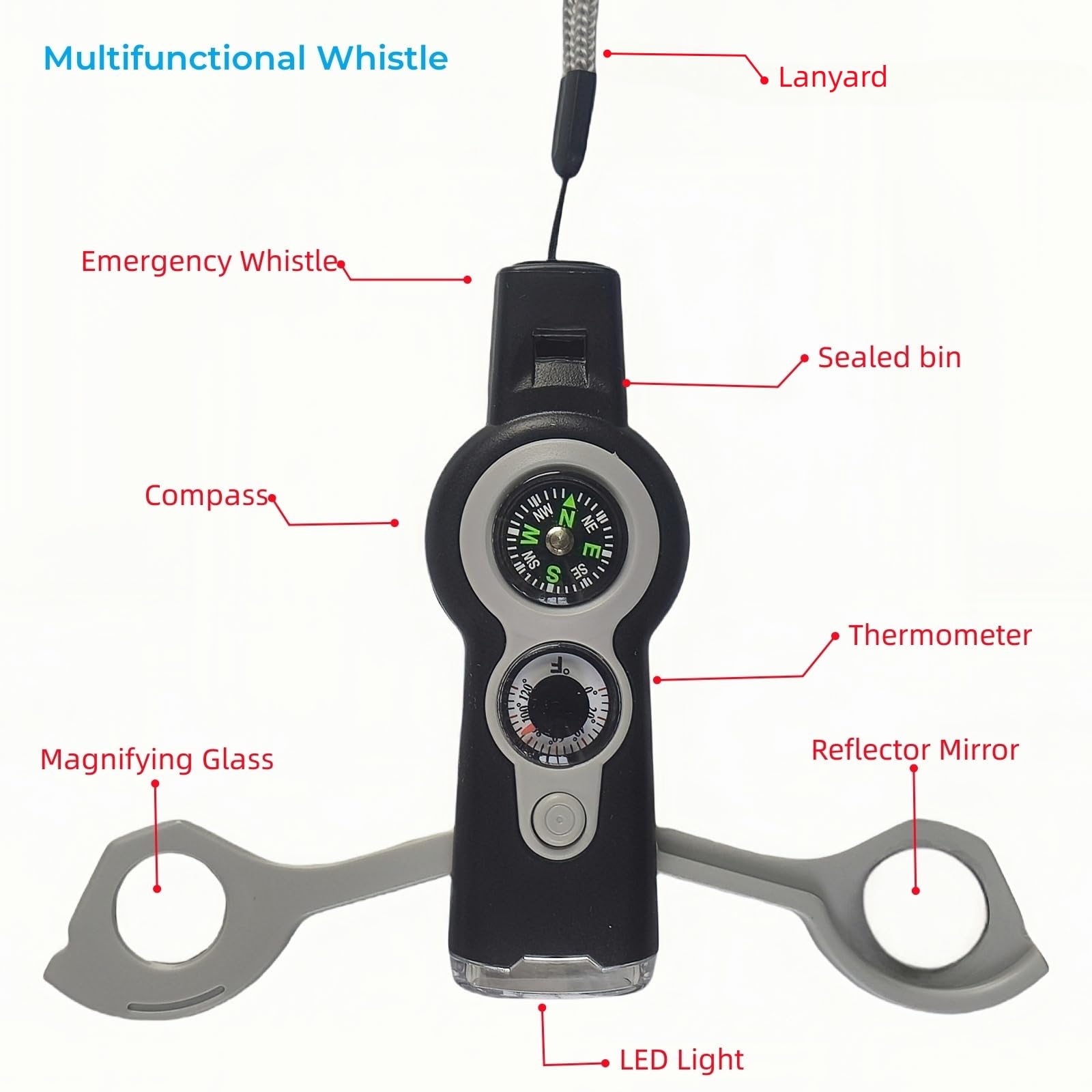 EGGEIL 7 in 1 Emergency Survival Whistle with Compass, Outdoor Multi-Functional Hiking Safety Tool, 2 Pack Whistle with Lanyard