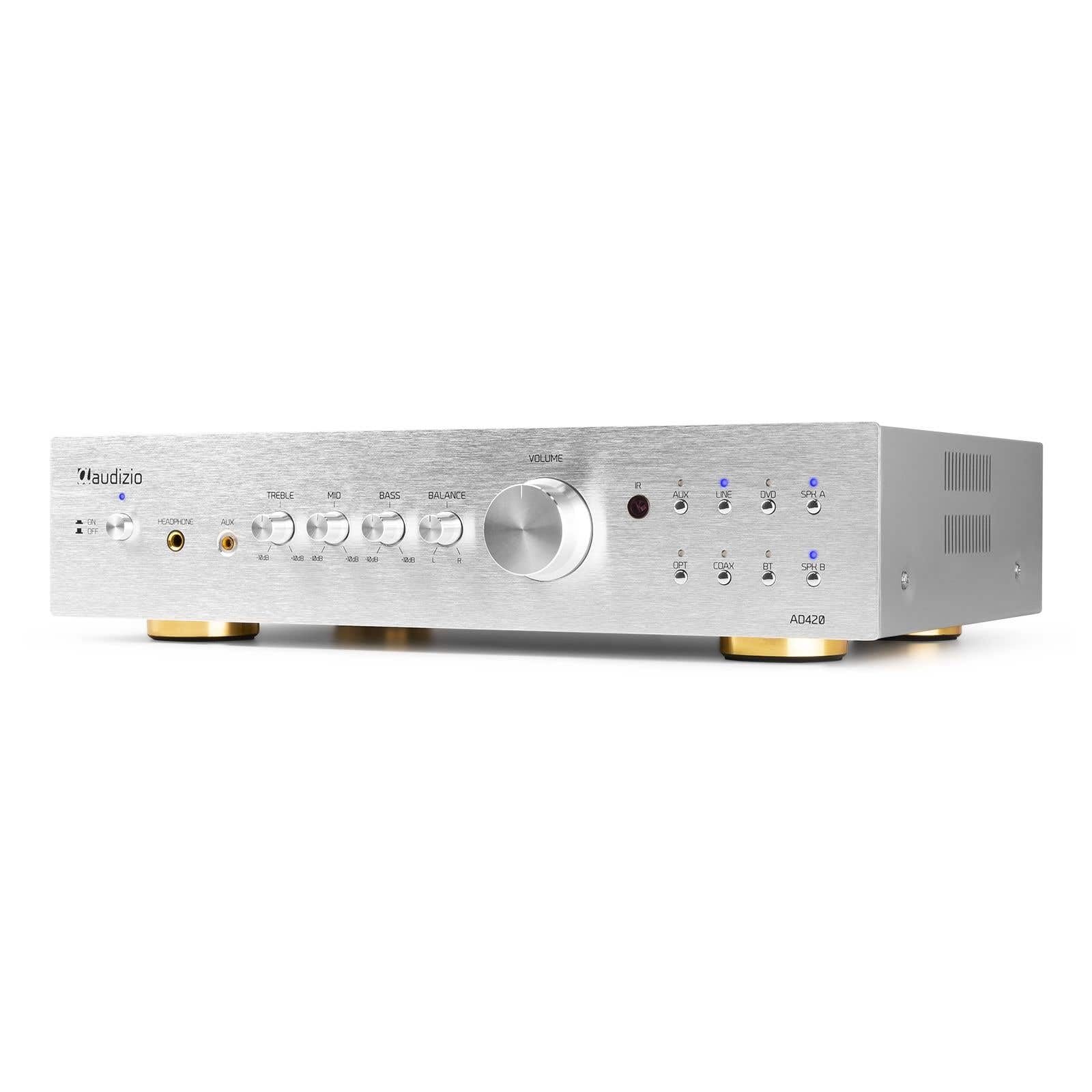Audizio AD420A Amplificador Hi-FI de 400w (4 Canales x 100w) y Bluetooth, 1 Salida subwoofer, Salida óptica y coaxial, 2 Salidas de Altavoz, MP3, EQ, Ideal para Escuchar tu música, Color Aluminio