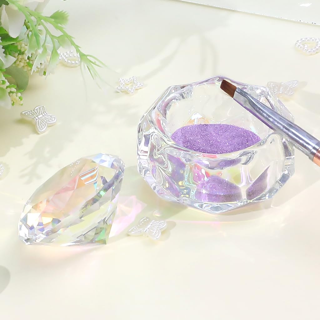 Nail Dappen Dish with Diamond Lid, Acrylic Liquid Powder Dappen Monomer Cup, Clear Glass Crystal Acetone Bowl, Acrylic Nail Brush Cleaner Holder, Nail Tech Must Haves(Colorful)