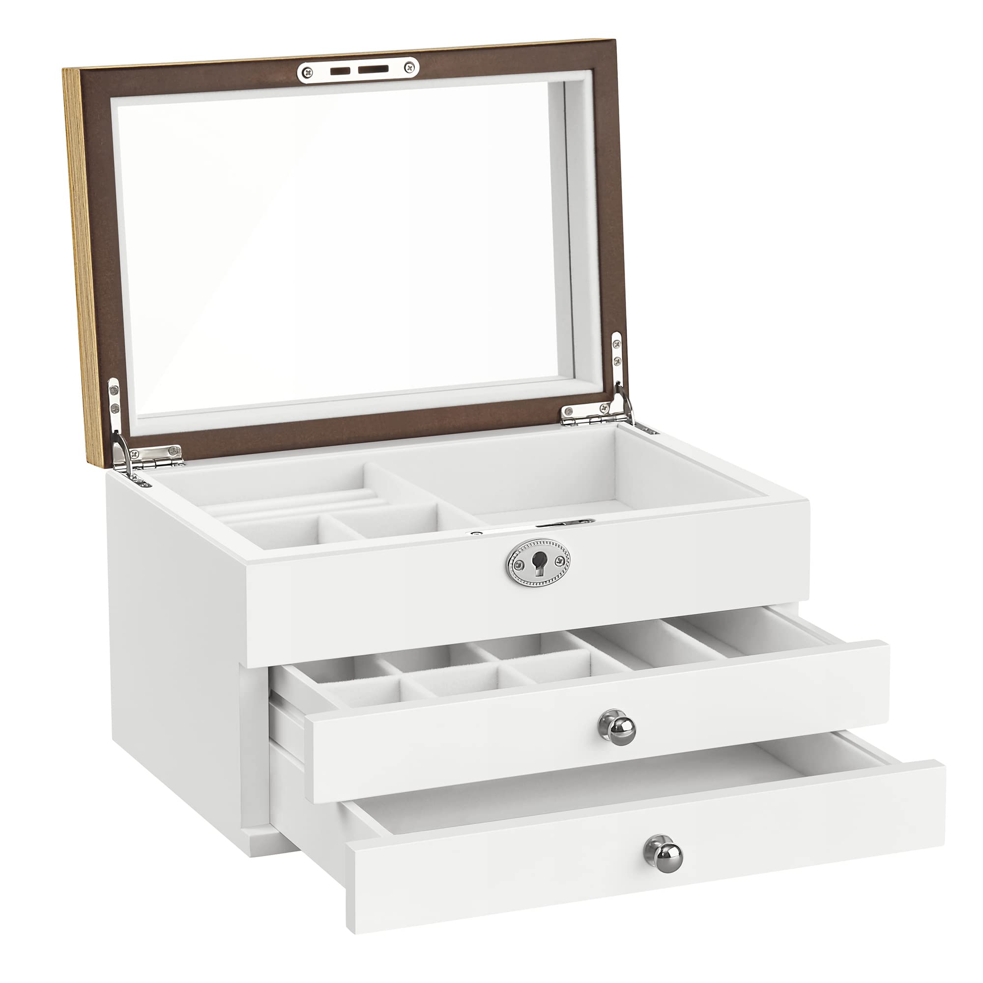 SONGMICS Boîte à Bijoux à 3 Niveaux, Rangement à Bijoux en Bois d'Ingénierie, Coffret à Bijoux avec Tiroirs, pour Bagues, Boucles d’Oreilles, Bracelets, Colliers, Blanc JOW15WN