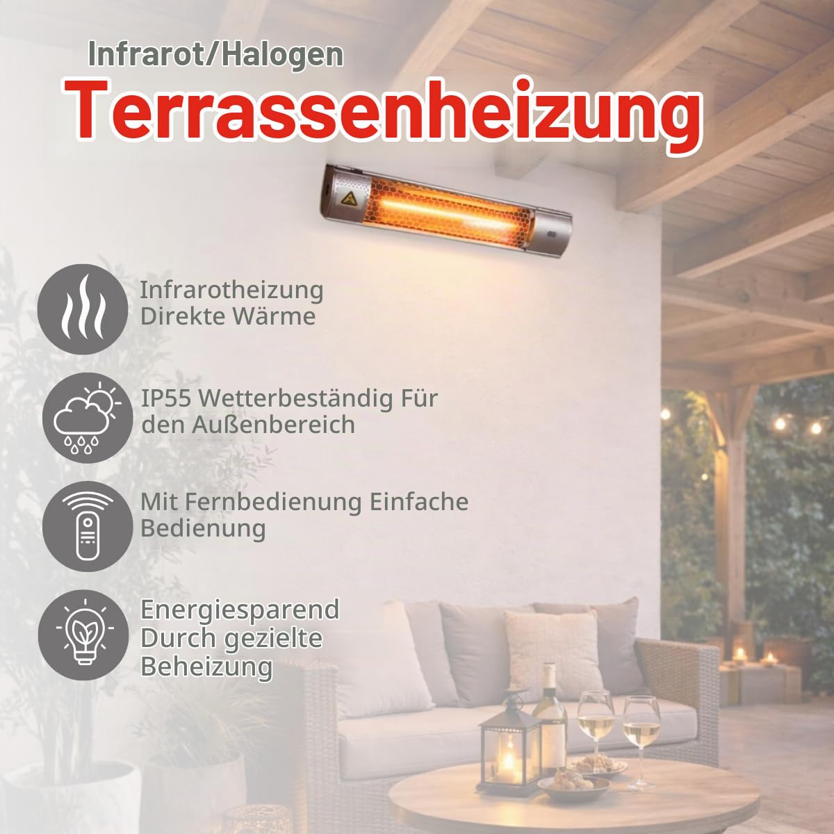 alpina Infrarotheizung 2000W – Heizstrahler Terrasse Wandmontage für Innen- und Außenbereich – Elektrischer Infrarot Heizstrahler hängend mit Fernbedienung – IP55 - 67,5 x 10,5 x 7 cm
