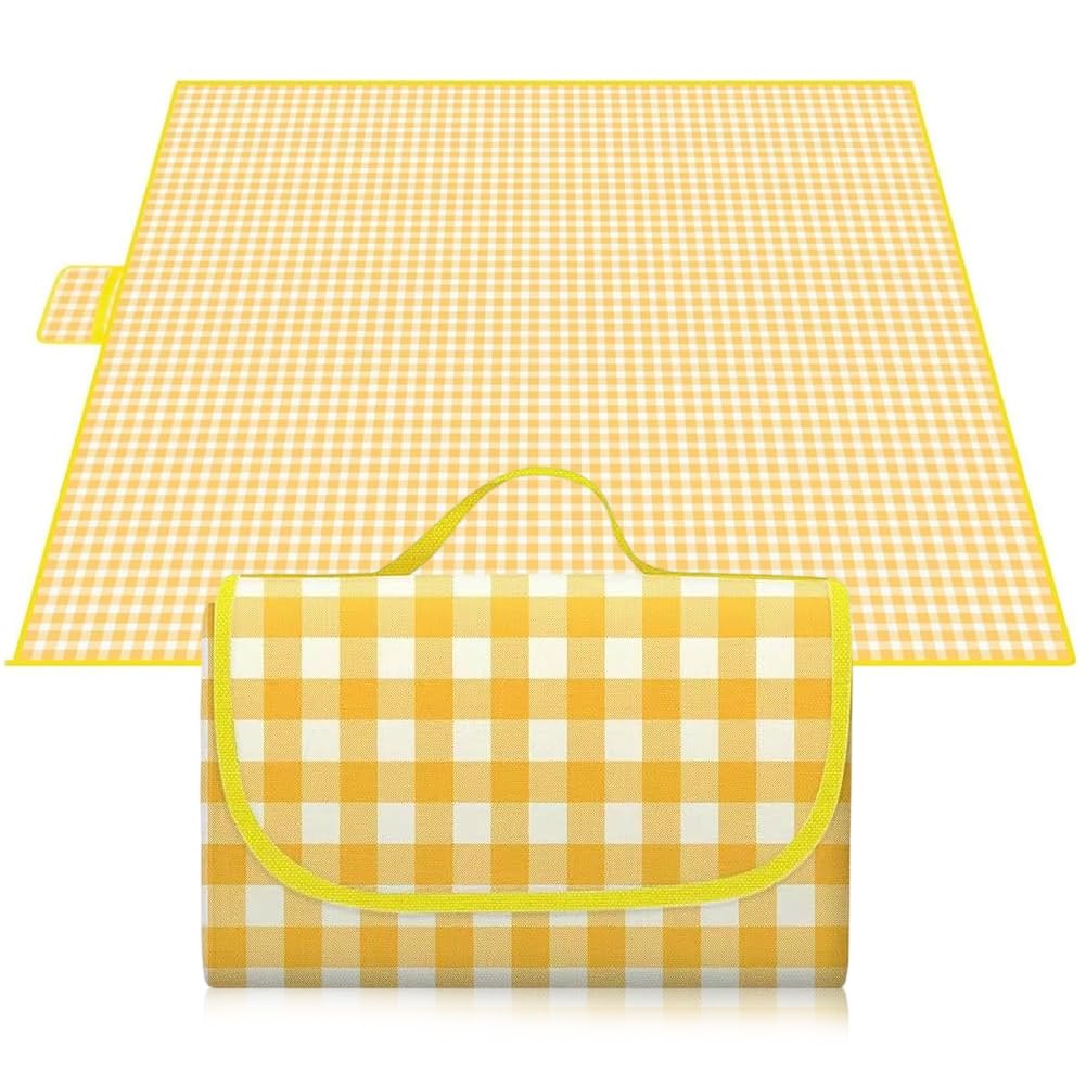 ZPSOSPZ Large Picnic Mat, Picnic Blanket, Picnic Blanket Waterproof 150×200cm Picnic Mat Washable Lightweight With Handle Yellow Checkered For Hiking Travelling Outdoor Camping,Parks