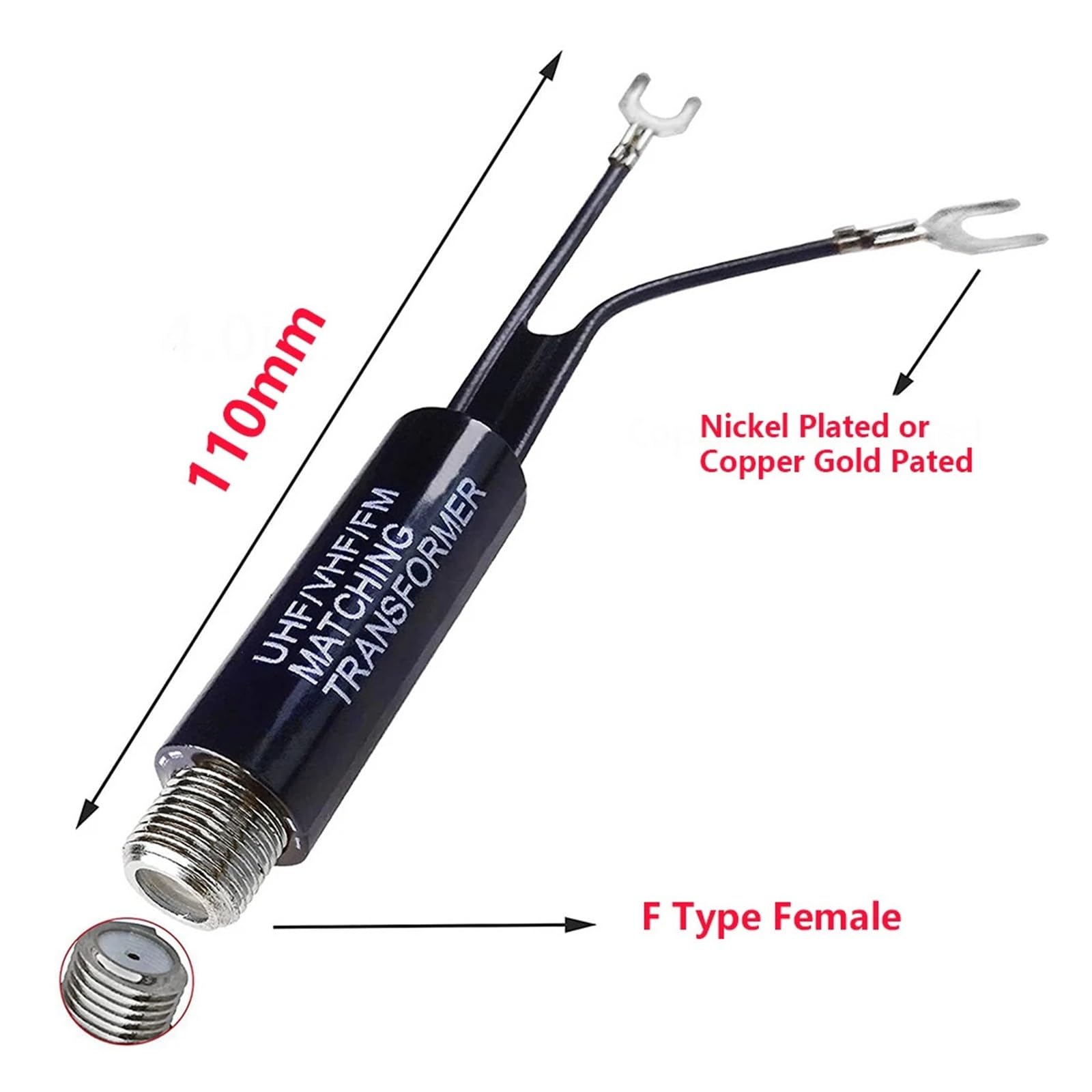 Adaptateur 75 Ohm à 300 Ohm Transformateur d'antenne UHF VHF FM F Femelle for antenne coaxiale TV radio RF(Gold x 5PCS)
