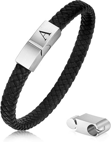 Pulsera de cuero para hombre, regalos de Navidad, cuero de alta calidad, cierre magnético ajustable, pulsera con inicial significativa para hombres,