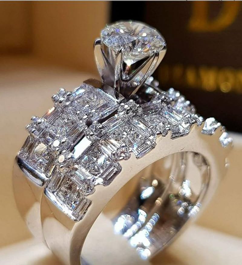 2ct Wedding Rings 925 Sterling Silver Shiny Full Diamond Ring Teardrop Cubic Zirconia Promise Ring CZ Diamond Multi Row Ring Ternity Engagement Wedding Band Promise Jewelry-Making-Patterns Size 9