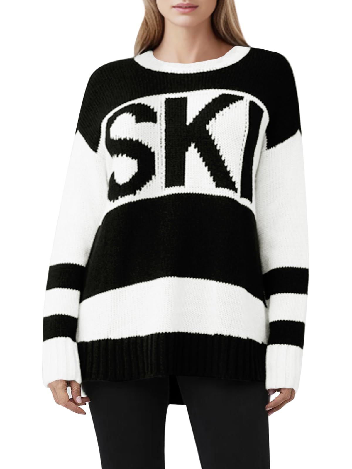 Saodimallsu Womens Color Block Oversized Sweater Ski Print Fall Trendy Crew Neck Long Sleeve Pullover Sweaters Knit Tops