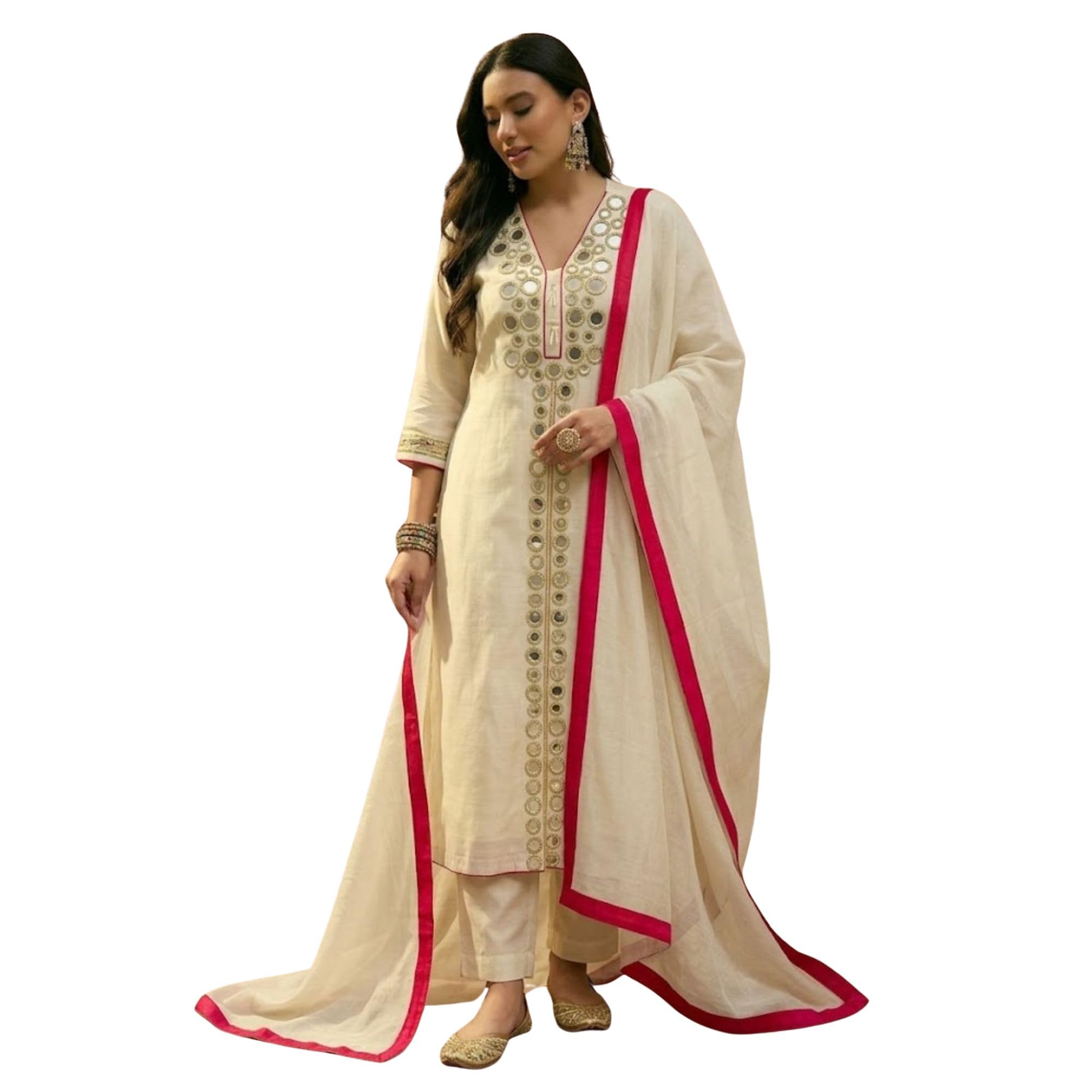 Embroidered Round Neck Kurta & Trousers with Dupatta Color,-image-42
