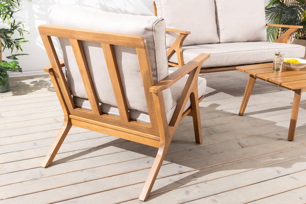 Riess Ambiente Wetterfester Gartenstuhl Comfort LINE - Natur beige - Akazie Massivholz - Loungesessel Gartensessel inkl. Kissen