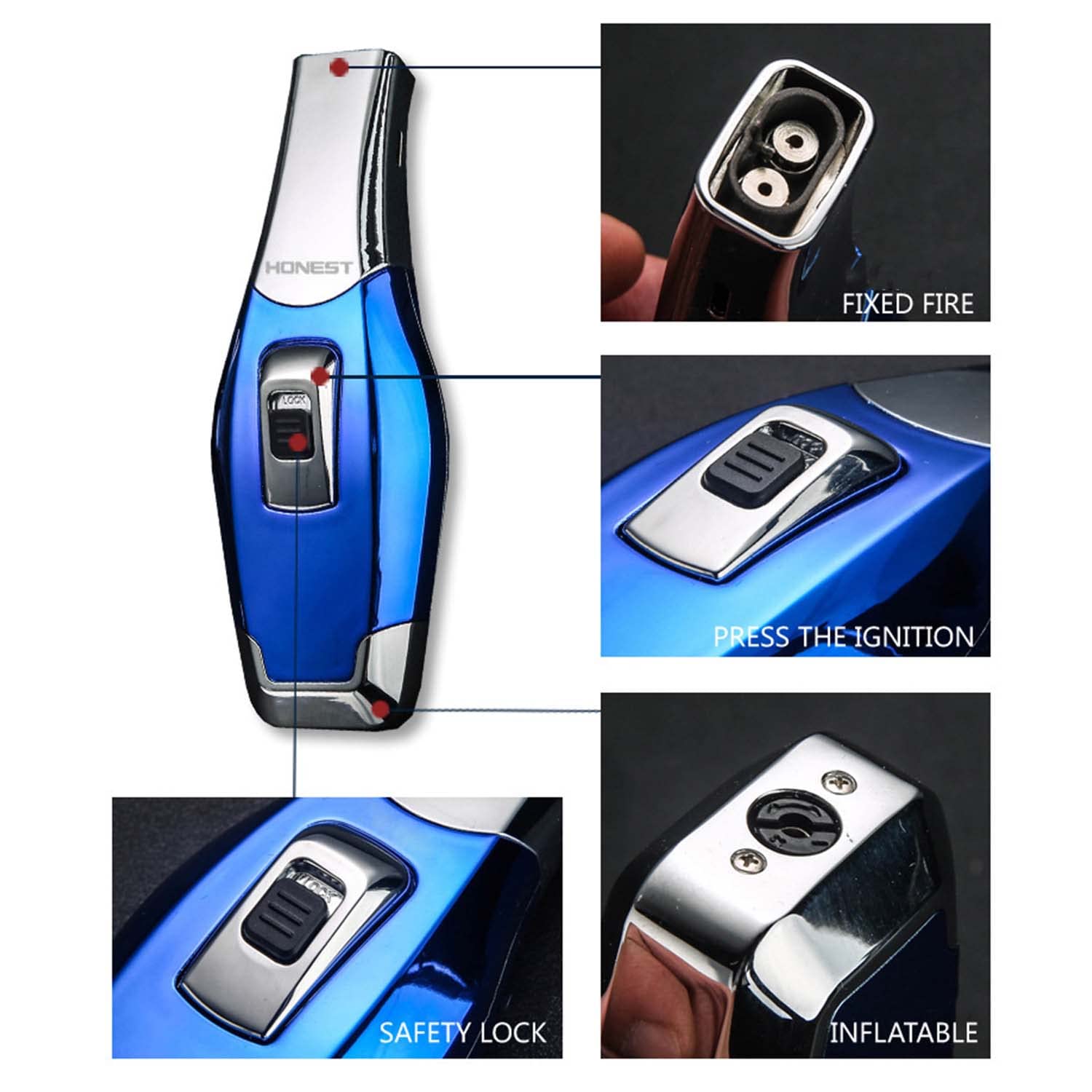 Briquet Torche Flamme à Double Jet Conception de Verrouillage de Sécurité avec Fenêtre Visible Portable Coupe-Vent Extérieur Bougie Briquet pour Barbecue de Camping (gaz Non Inclus)