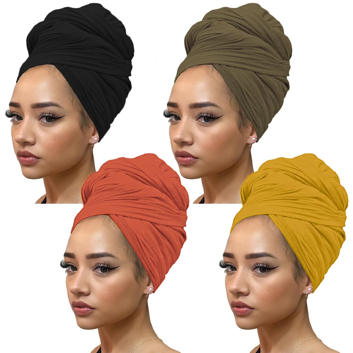 Kachanaa 4 Pieces Solid Color Stretch Knit Head Wrap Extra Long African Head Scarf Breathable Turbans for Black Women