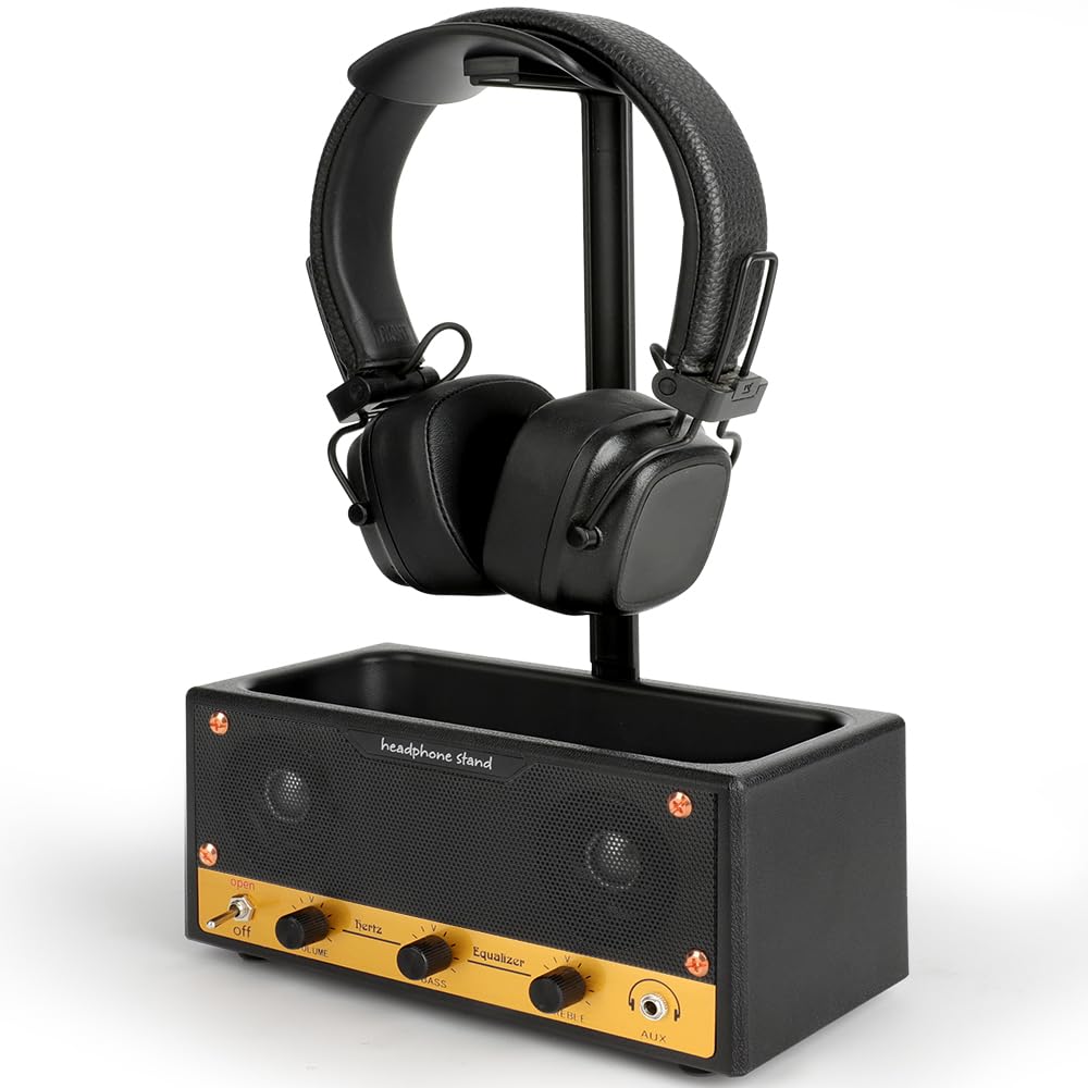 Kopfhörer Ständer Desk - Multipurpose Retro Musikliebhaber Headset Halterung mit Quadratischer Aufbewahrungsbox 2 in 1, Organizer für Kopfhörer, Brillen, Stifte, Uhren, Schlüssel, Gadget