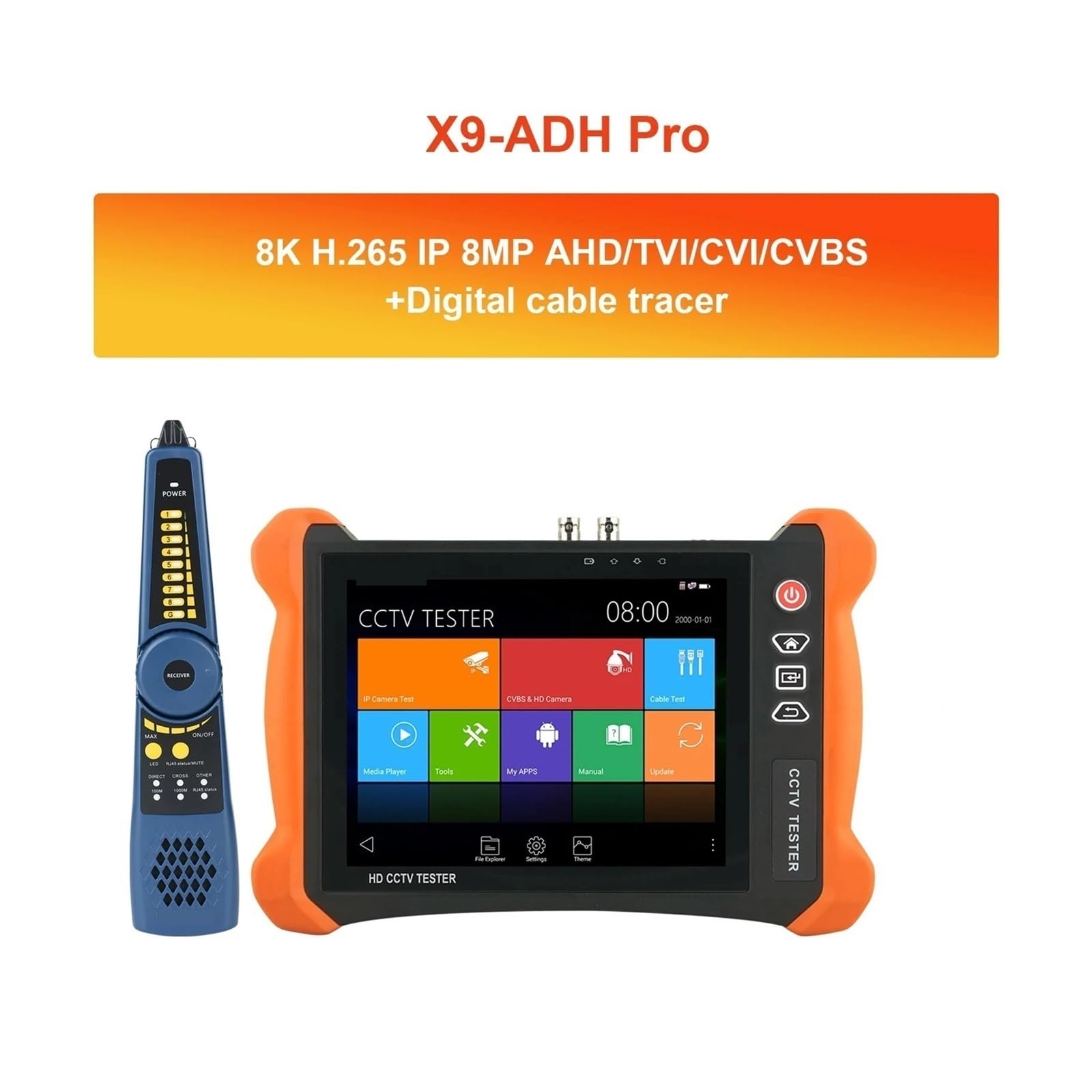 Testeur de vidéosurveillance, X9-MOVTADHS Pro 8K H.265 Test De Caméra IP Testeur 8MP TVI/CVI/AHD/CVBS avec POE ++ Max 90W Sortie Puissance