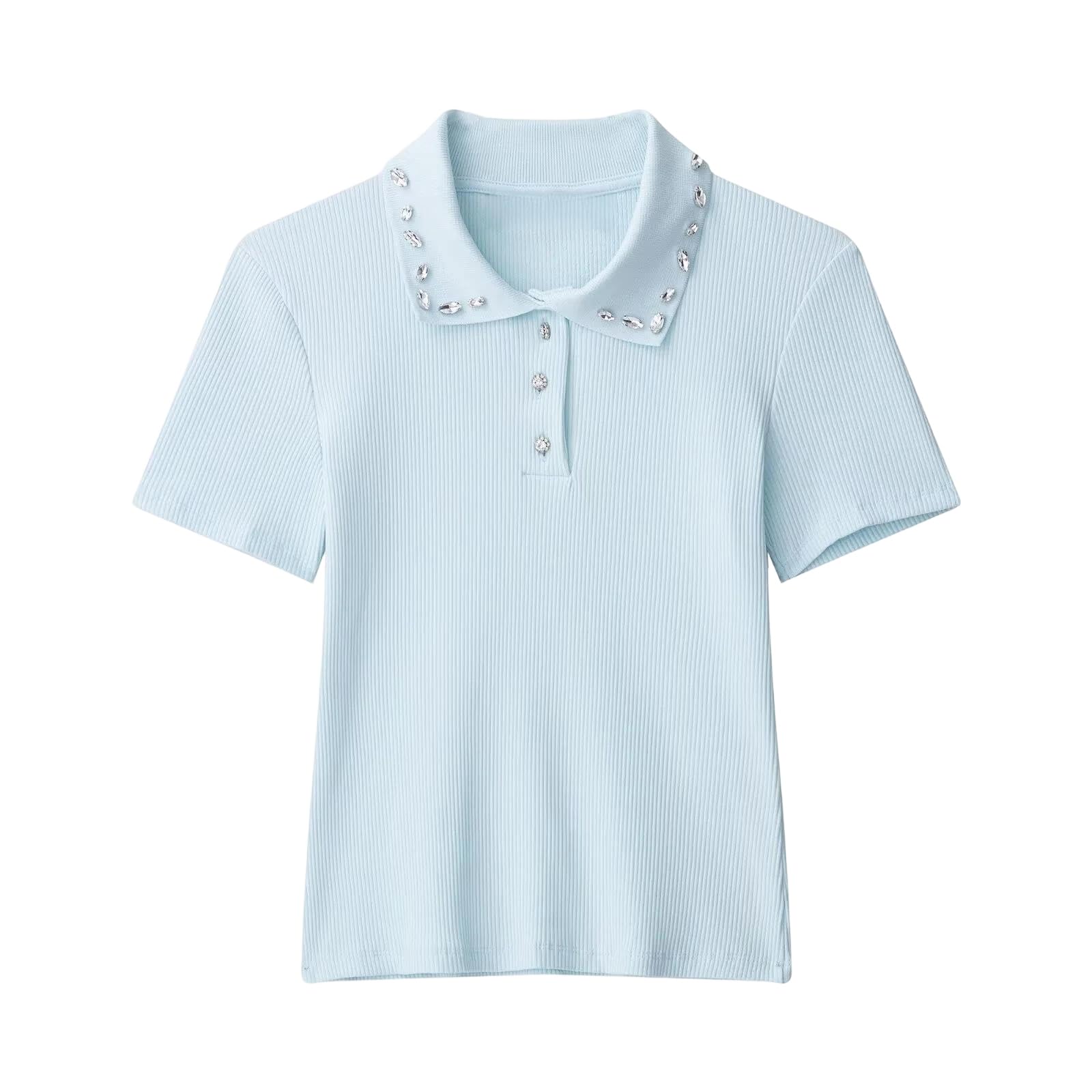 Polo acanalado mujer elástico en azul claro y cuello de solapa elegante