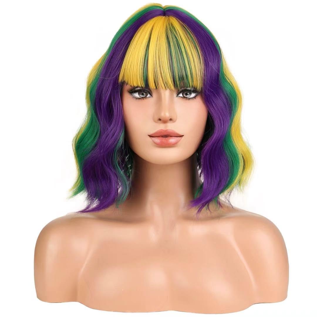 Condition photo showing New/Like New for beron purple yellow and green wigs women short curly wave wig with bangs shoulder length heat resistant synthetic wig halloween costume party or daily