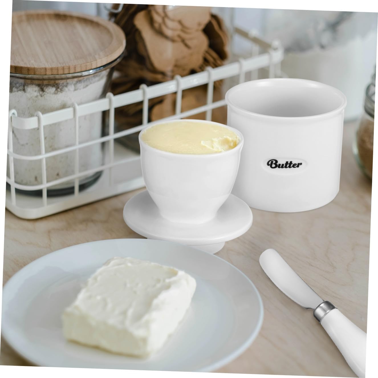 Ceramic Butter Keeper Crock Stainless Steel Cutting Tool Capacity Butter Dish for Countertop Use and Needs