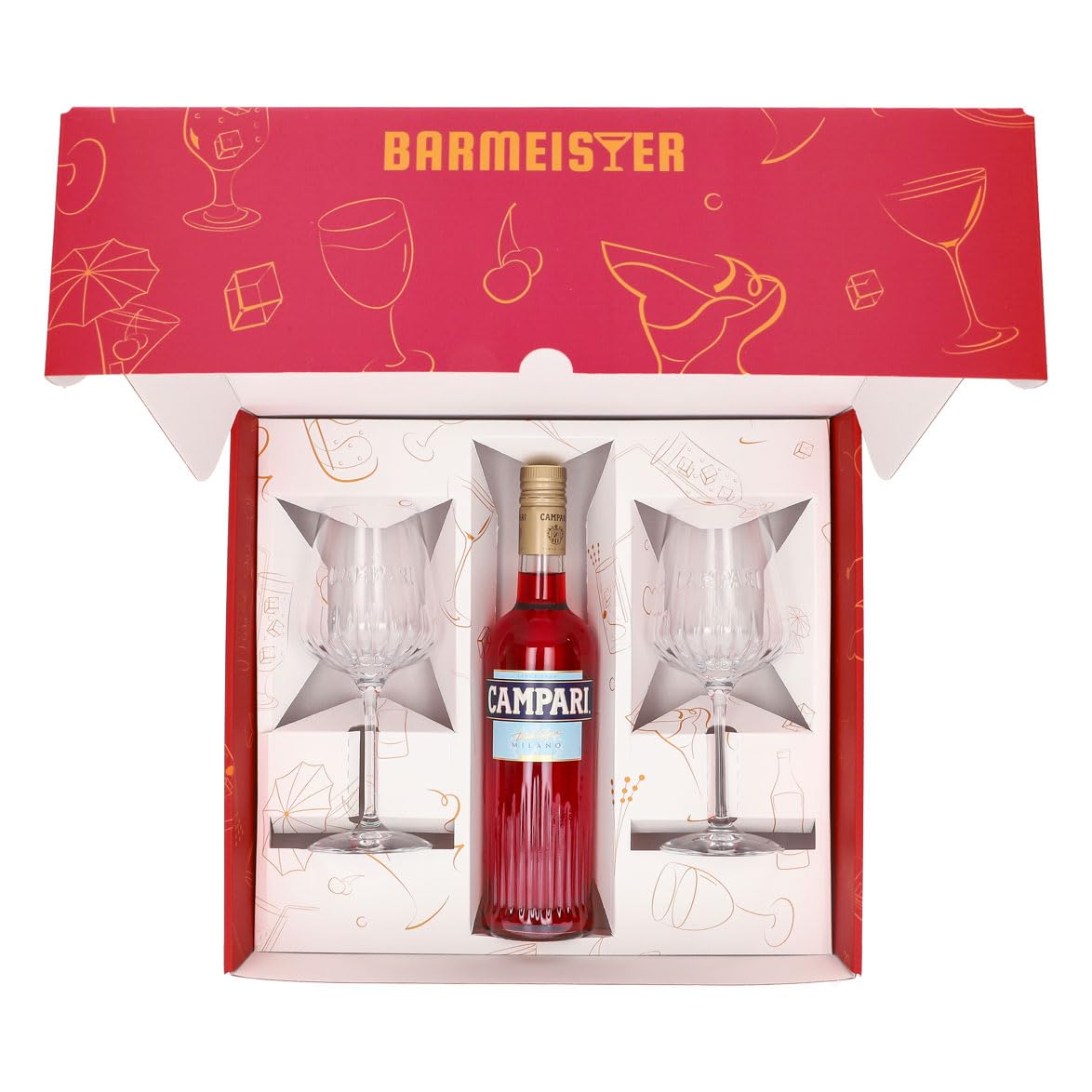 Sipply Geschenkset 3-teilig mit 2 Spritz Gläser Milano und 1 Flasche Campari Likör 0,7l 25% Vol. | mit Geschenkverpackung: Pink | Geschenk für Frauen Männer Mama Papa Freundin zu Weihnachten Ostern