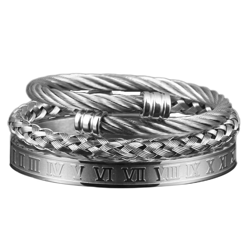 AIDUOMIRZER3pcs/set Classical Handmade Braiding Bracelet Hip Hop Men Pave CZ Leopard Head Roman Numeral Bracelet Stainless Steel Jewelry