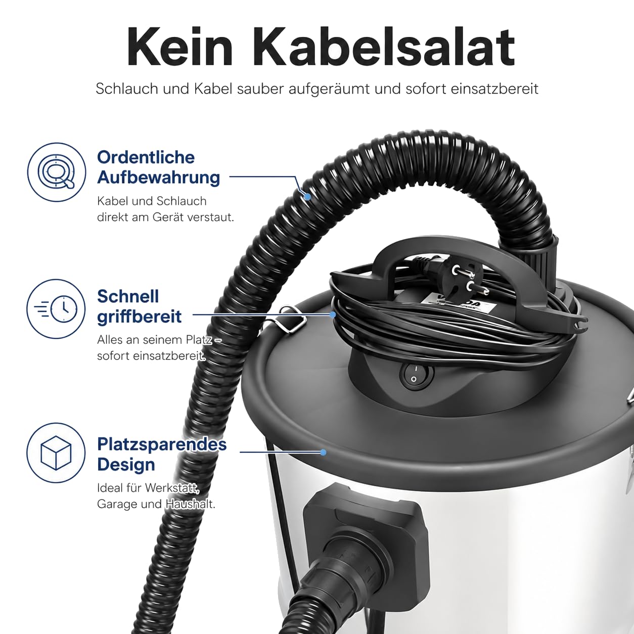 Sellnet Aschesauger für Kamin 20L 1650W Kaminsauger (Kabellänge ca. 4m) Aschesauger Staubsauger Inklusive HEPA Filter, Blasfunktion, DUAL Filter System, 3X Sackfilter, Antistatische Ableitkette SN121