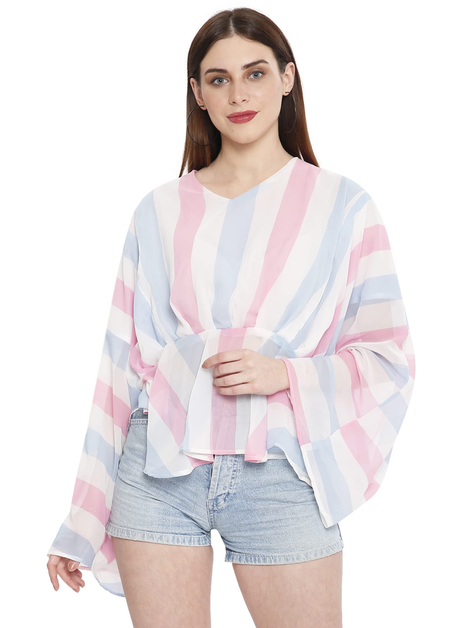 InTrend Forever Striped Georgette Casual Batwing Sleeve Western Top with Cinched Waist for Women