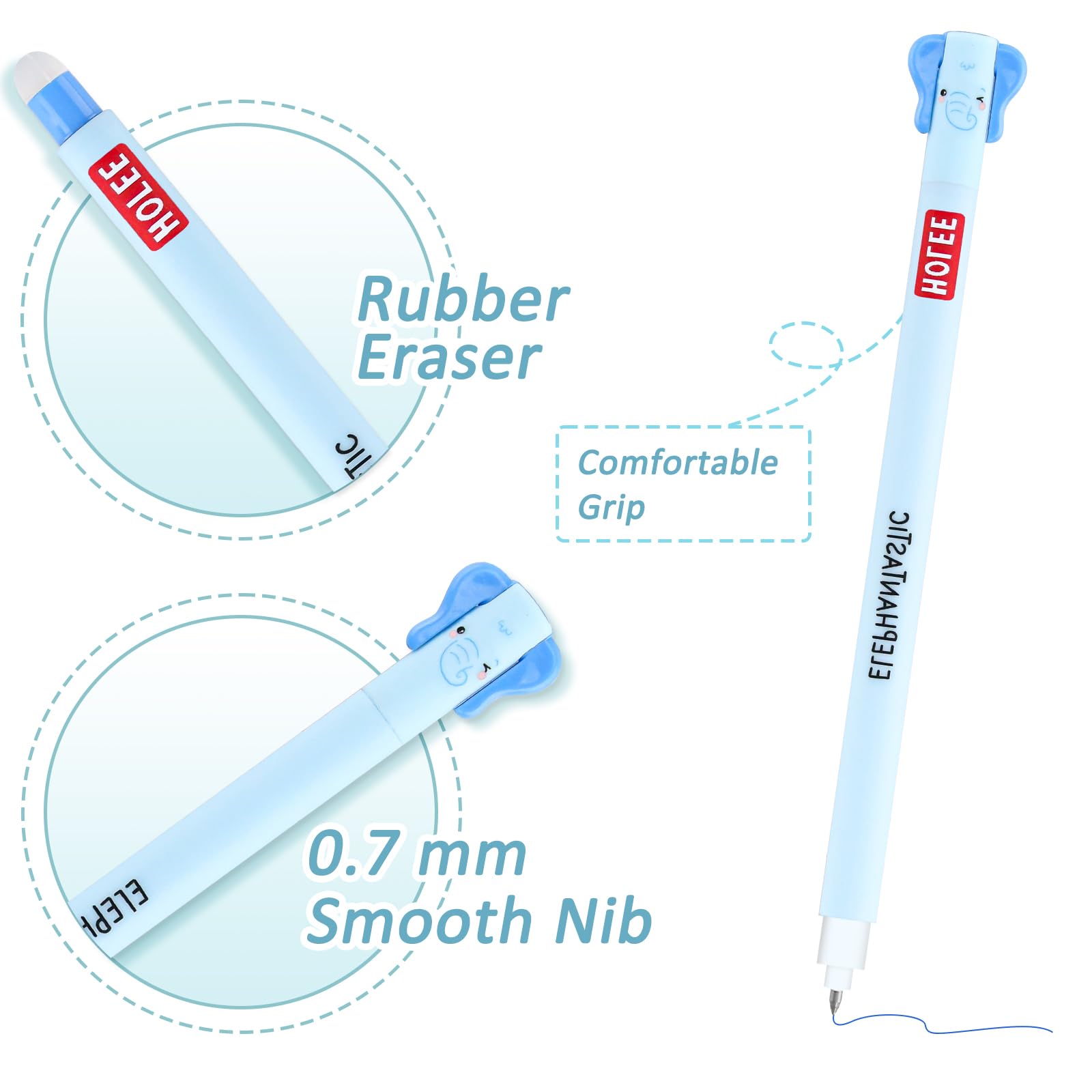 Paquete de 10 bolígrafos de gel borrables, bolígrafos borrables con diseño de animales de 0,7 mm, tinta azul, escritura suave, bolígrafos de tinta de gel reescribibles para escuela y oficina