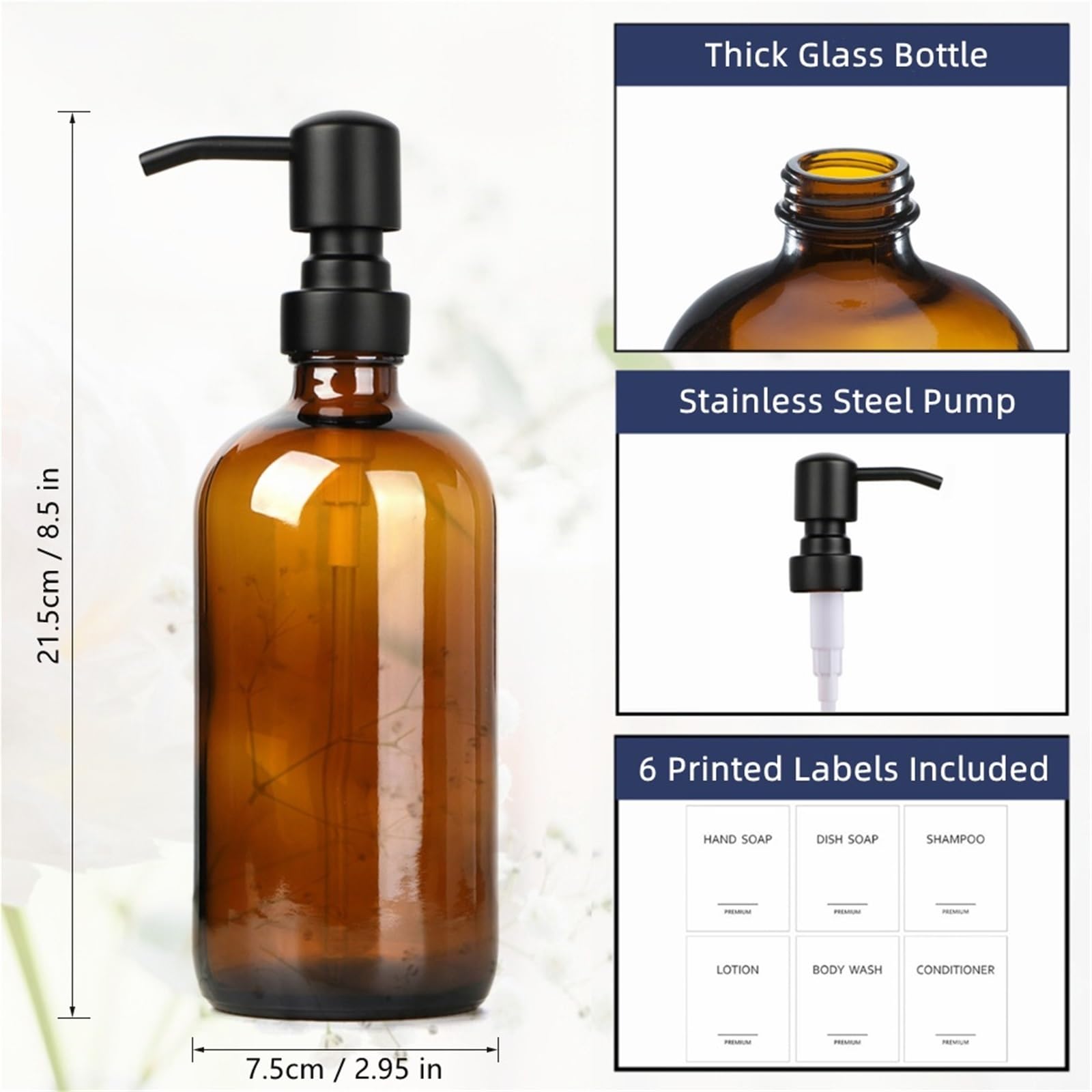 Dispenser di sapone in vetro ambrato con pompa nera, mano liquida for bagno, piatto da cucina, 2 pezzi 16 Oz 500 ml(Silver pump)